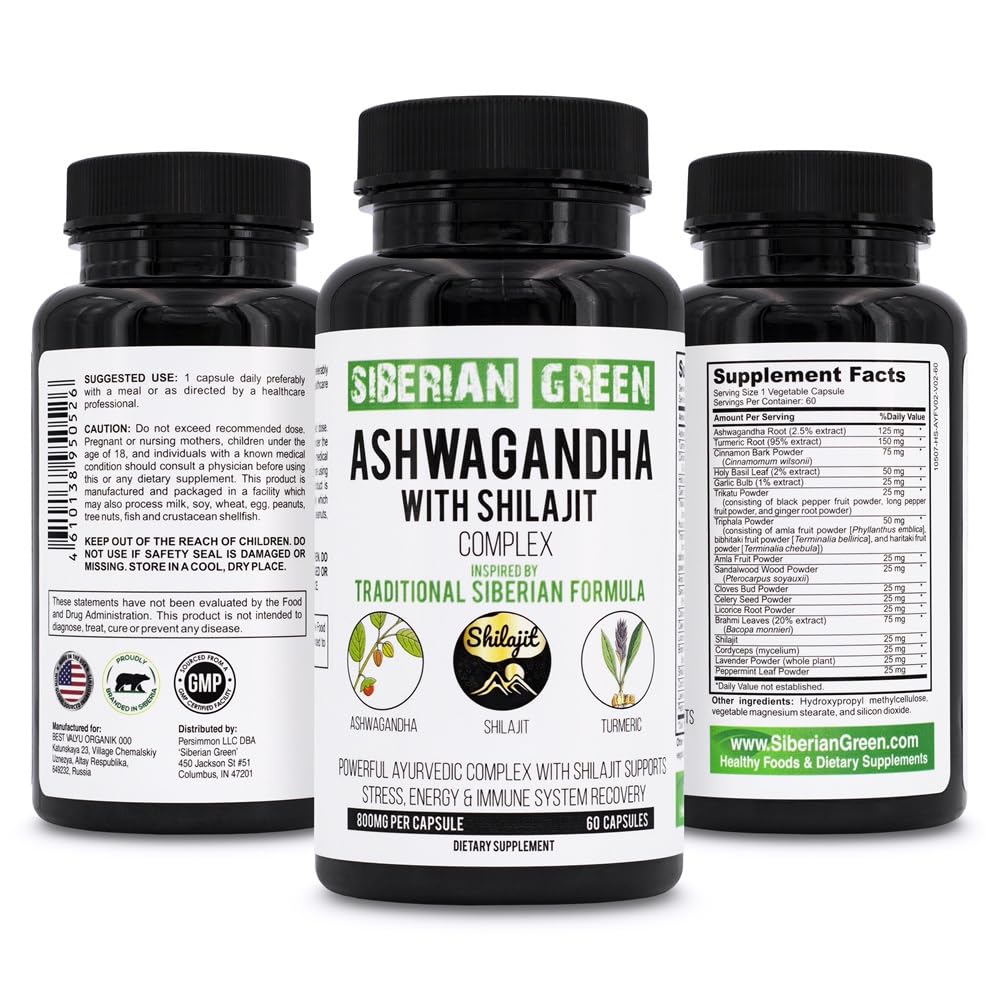 Siberian Green Ashwagandha with Altai Shilajit & Turmeric 60 Capsules front view