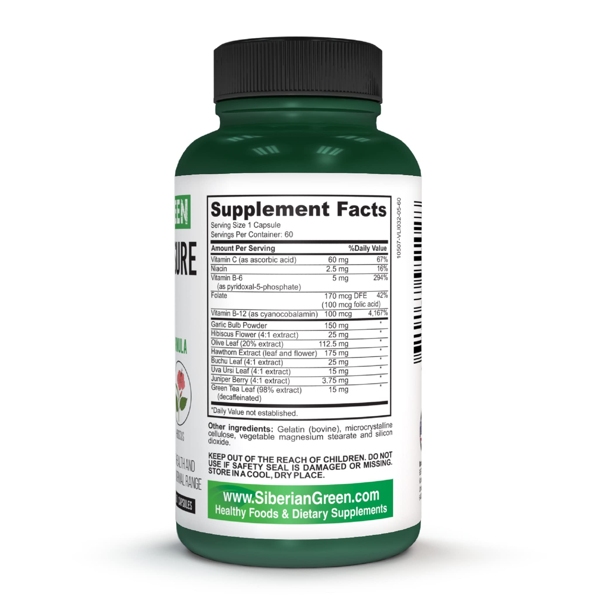 Siberian Green Hawthorn Herbal Blood Pressure Supplement bottle with capsules