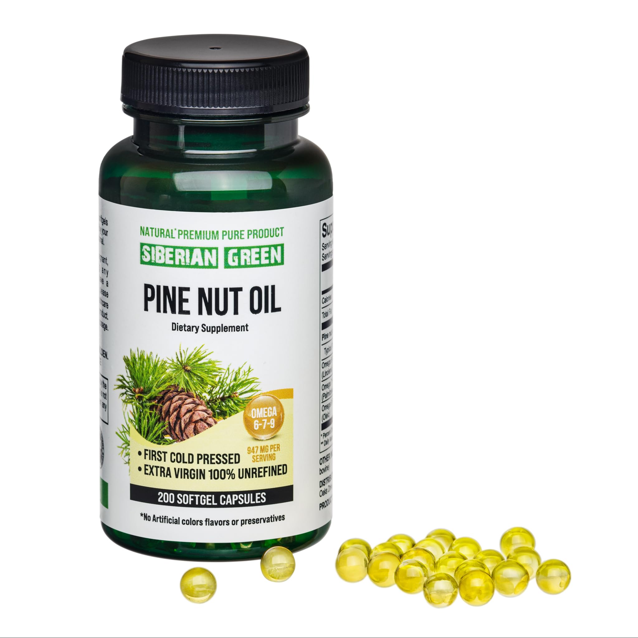Siberian Green Pine Nut Oil Capsules 200 Softgels back view