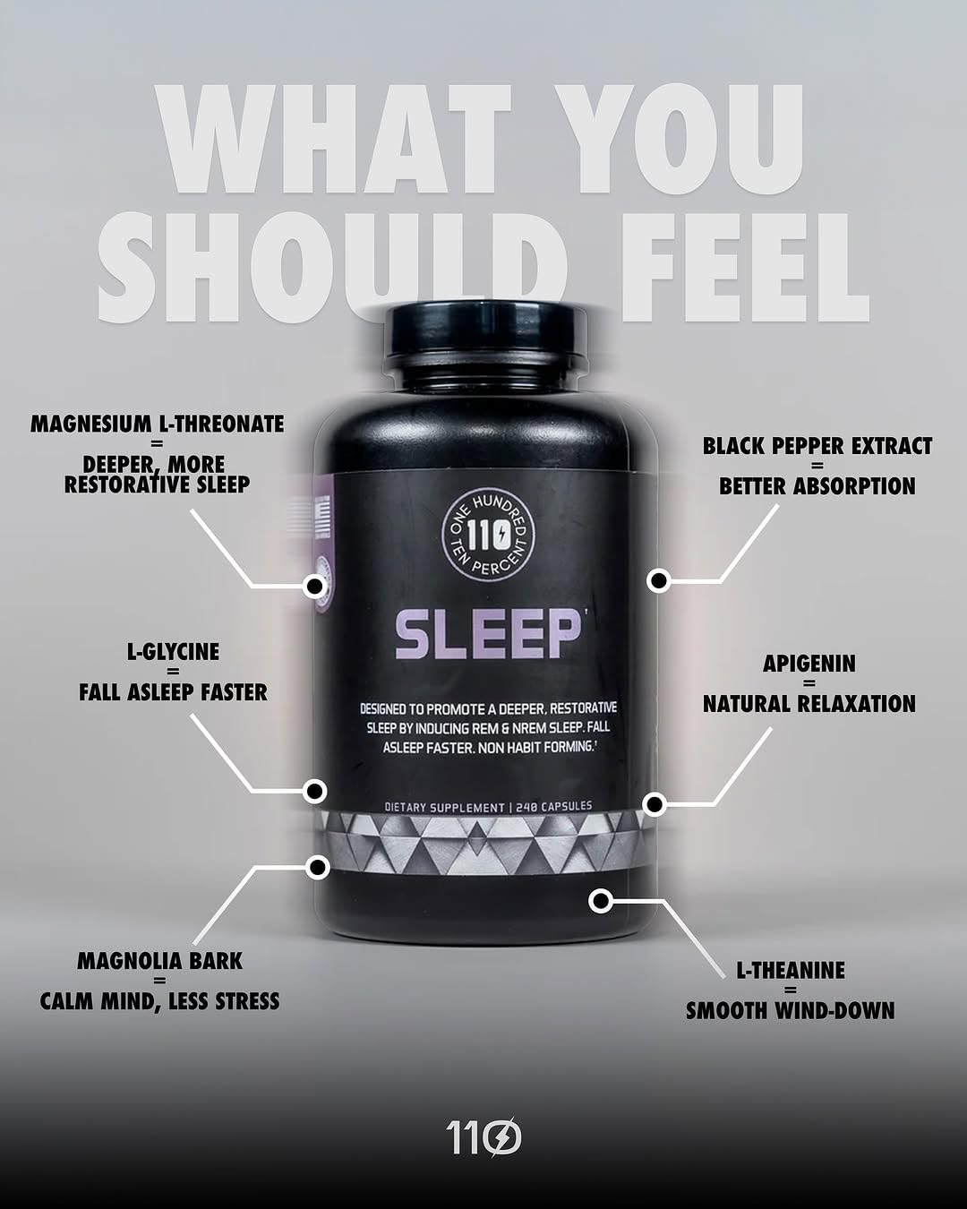 Side view of 110 Percent Sleep Aid Capsules bottle