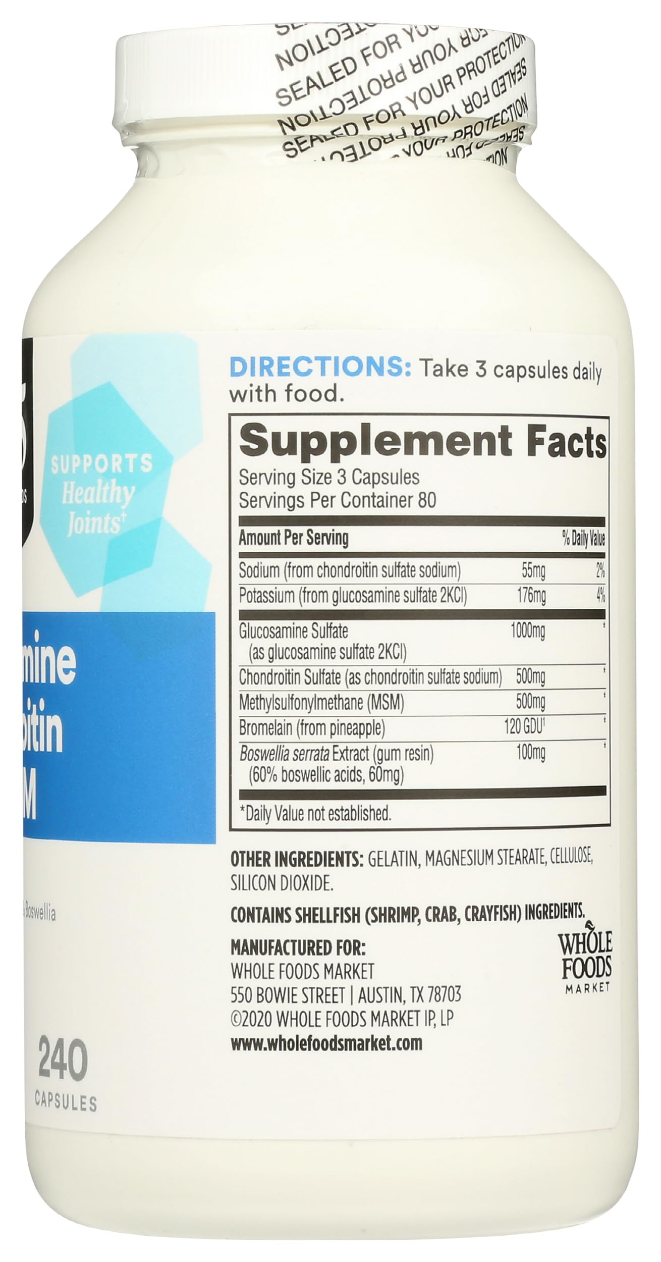 Side view of 365 by Whole Foods Market Chondroitin Glucosamine bottle