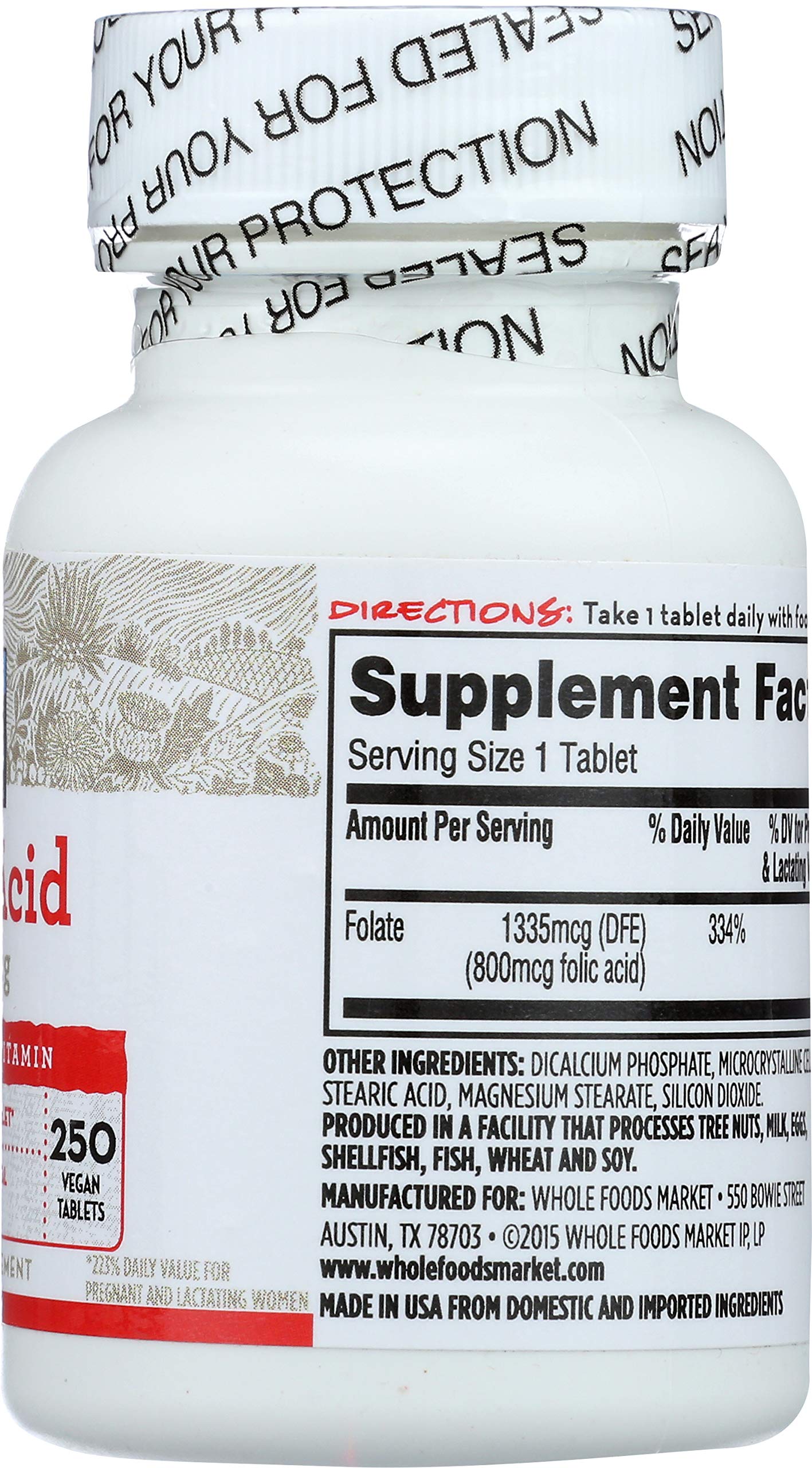 Side view of 365 by Whole Foods Market Folic Acid 800mcg bottle