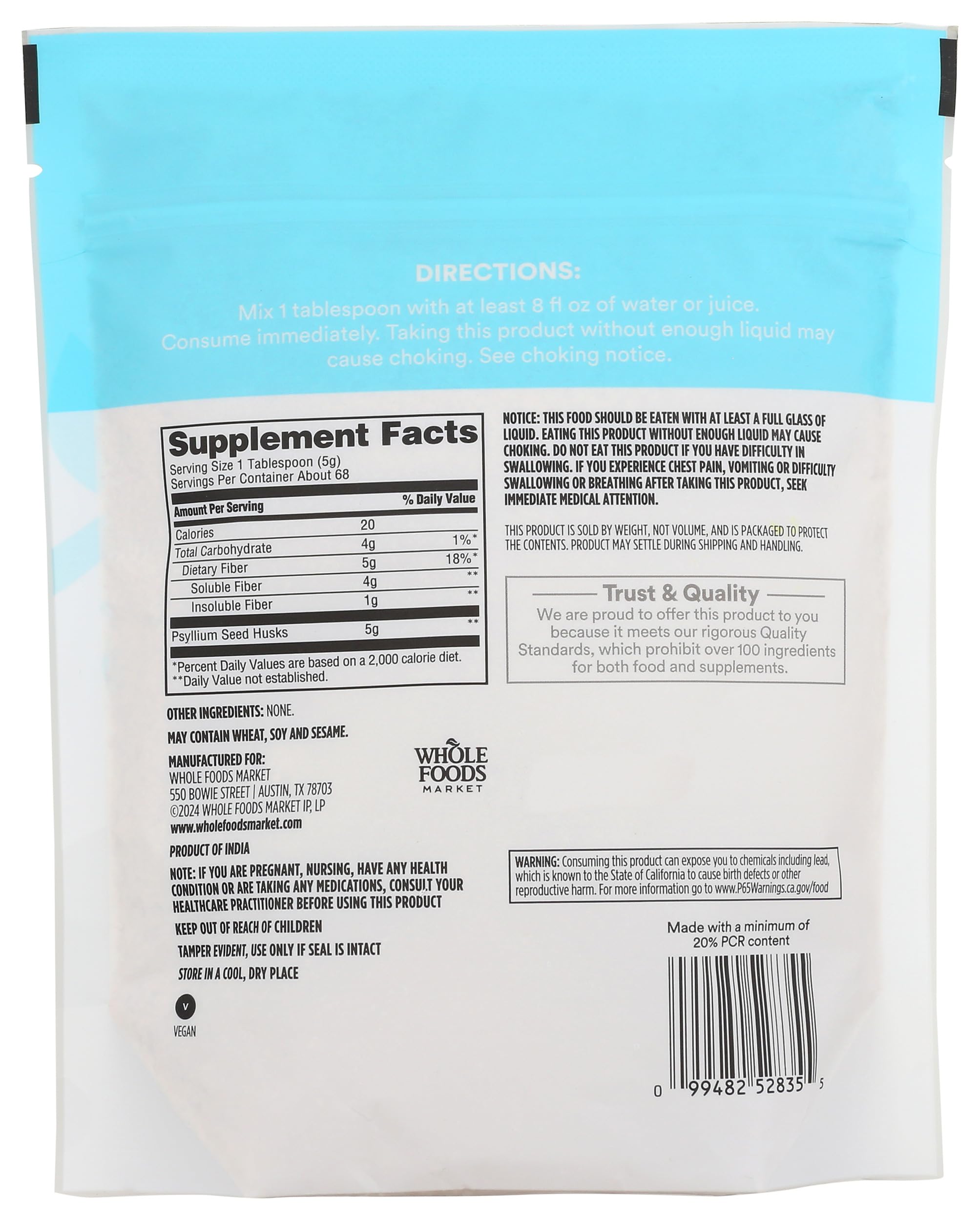 Side view of 365 by Whole Foods Market Psyllium Supplement packaging