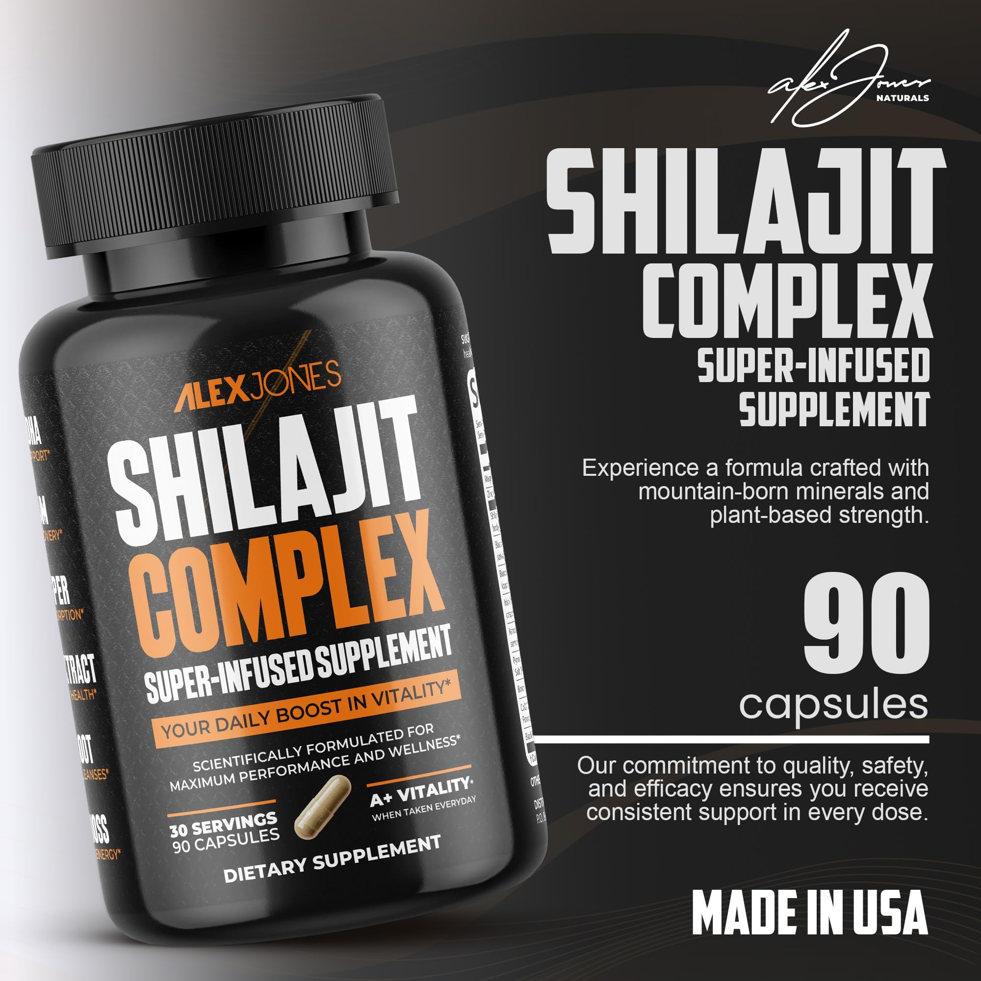 Side view of Alex Jones Naturals Shilajit Capsules bottle