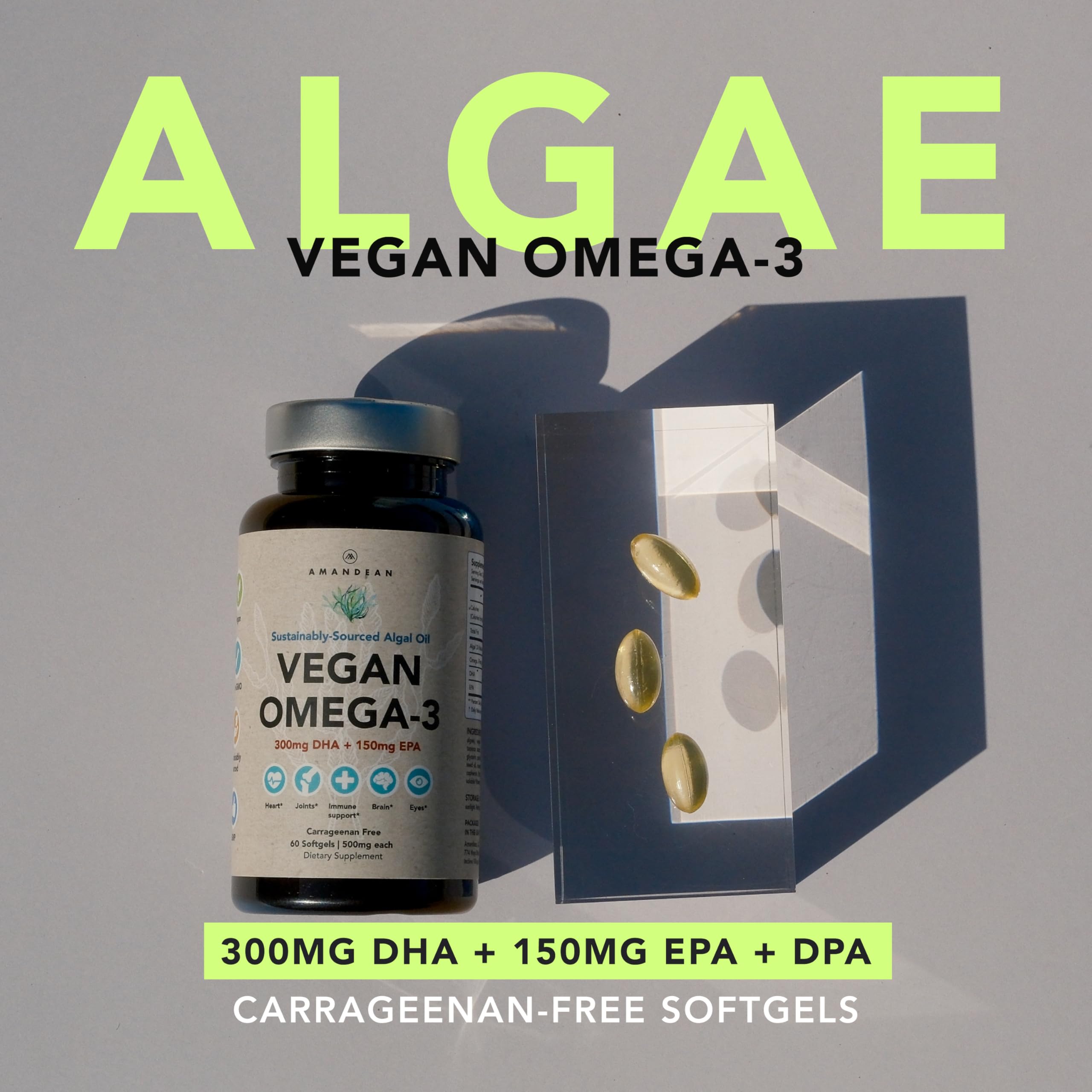 Side view of AMANDEAN Vegan Omega-3 Algal Oil Capsules showing softgel