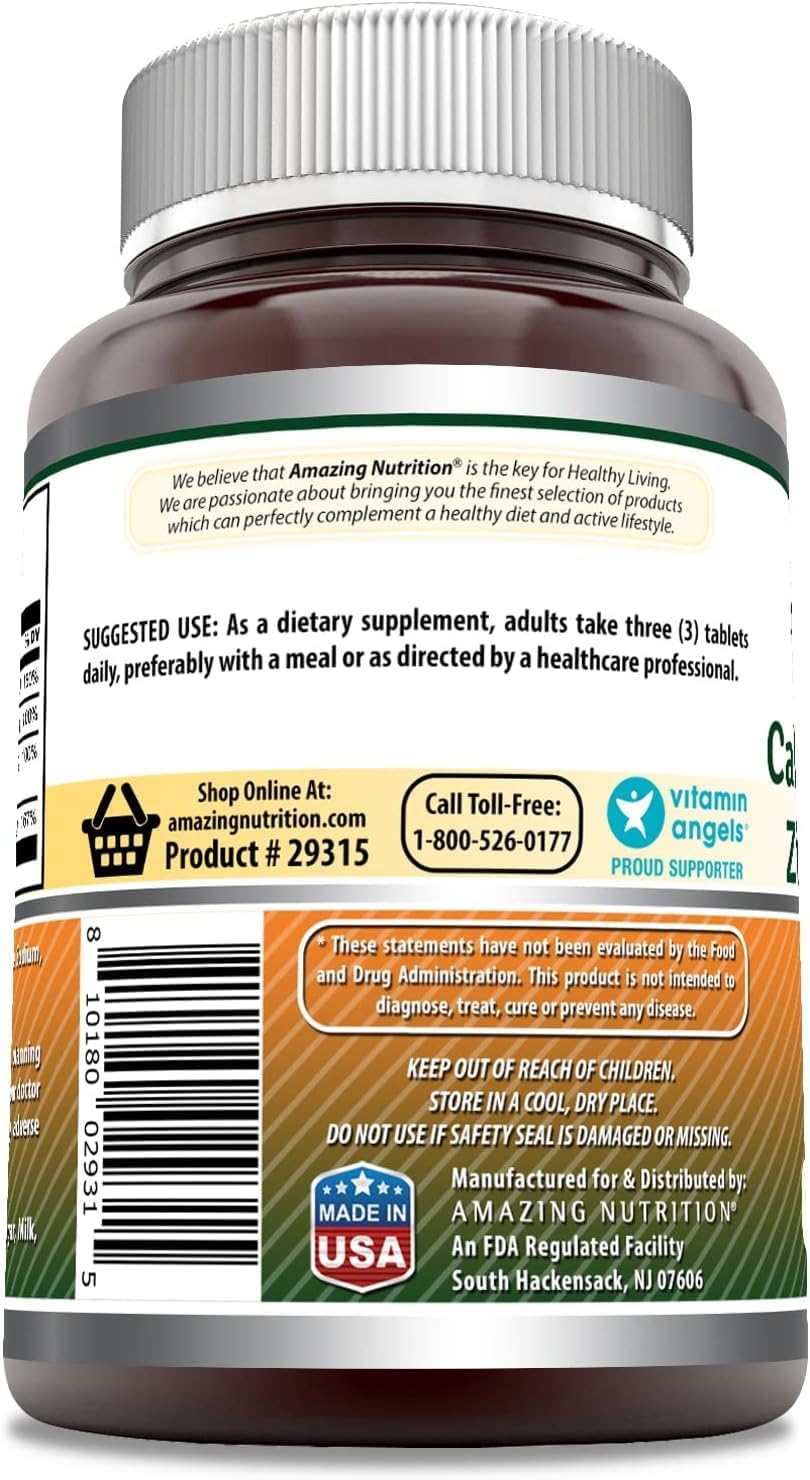 Side view of Amazing Nutrition Calcium Magnesium Zinc Supplement bottle