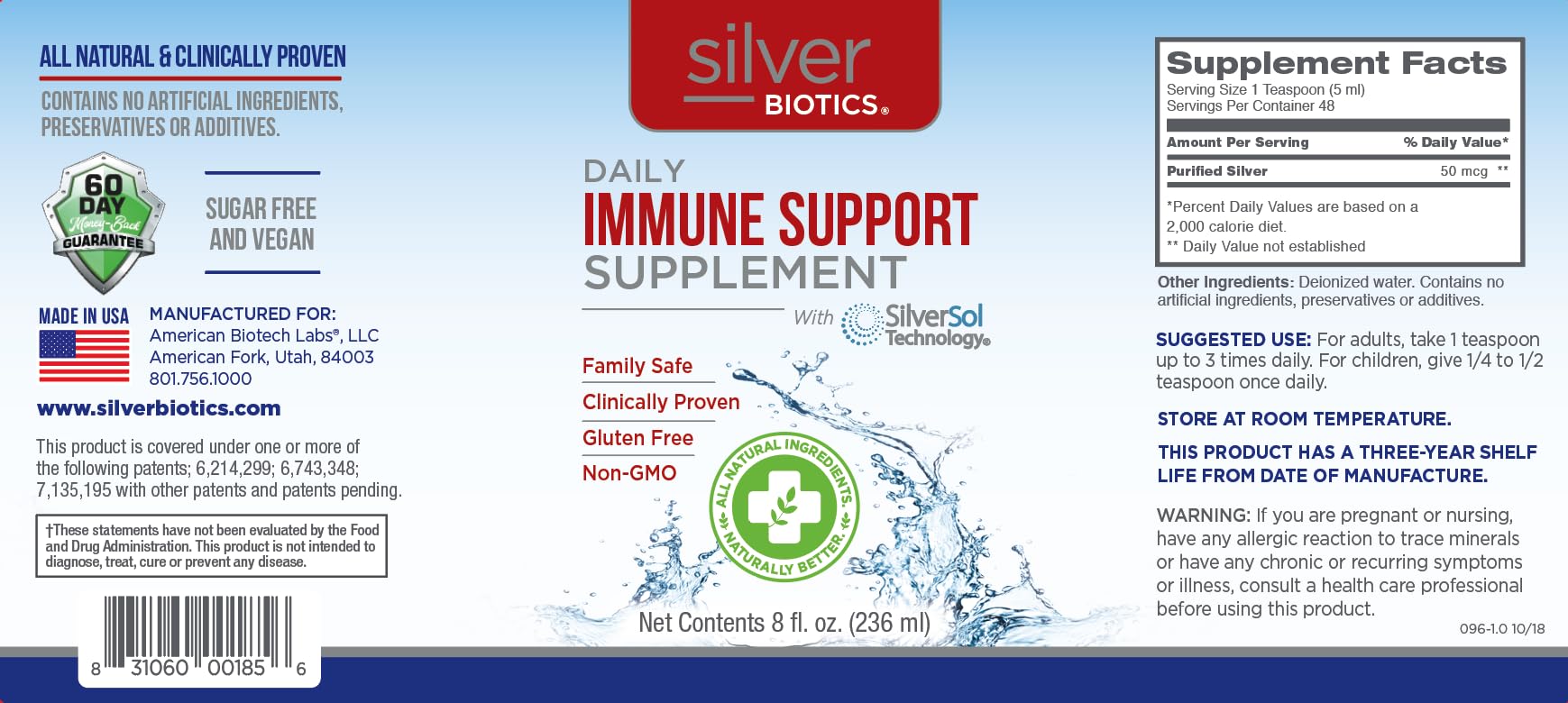 Side view of American Biotech Labs Silver Biotics daily wellness Support 4oz bottle
