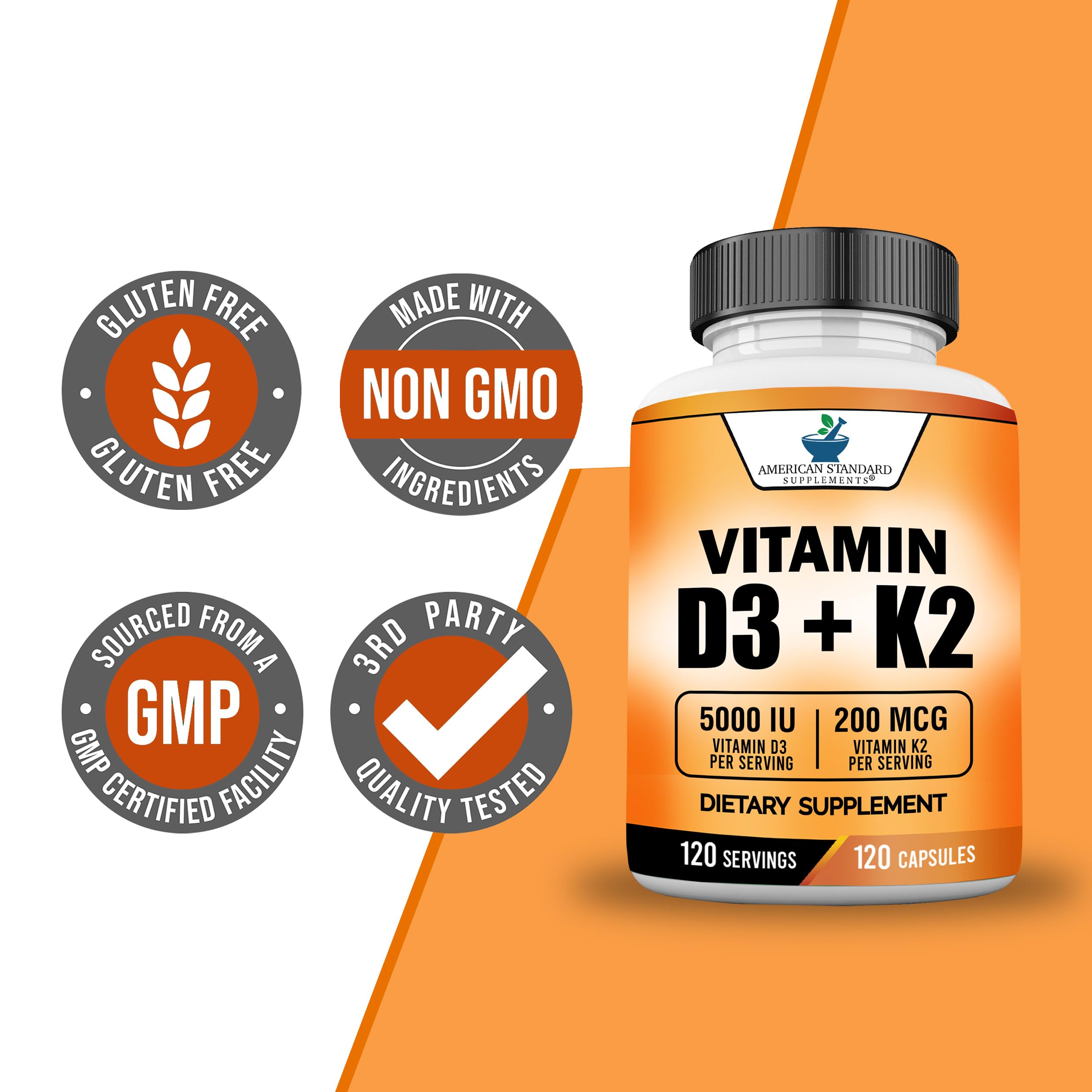 Side view of American Standard Supplements Vitamin D3 and K2 bottle