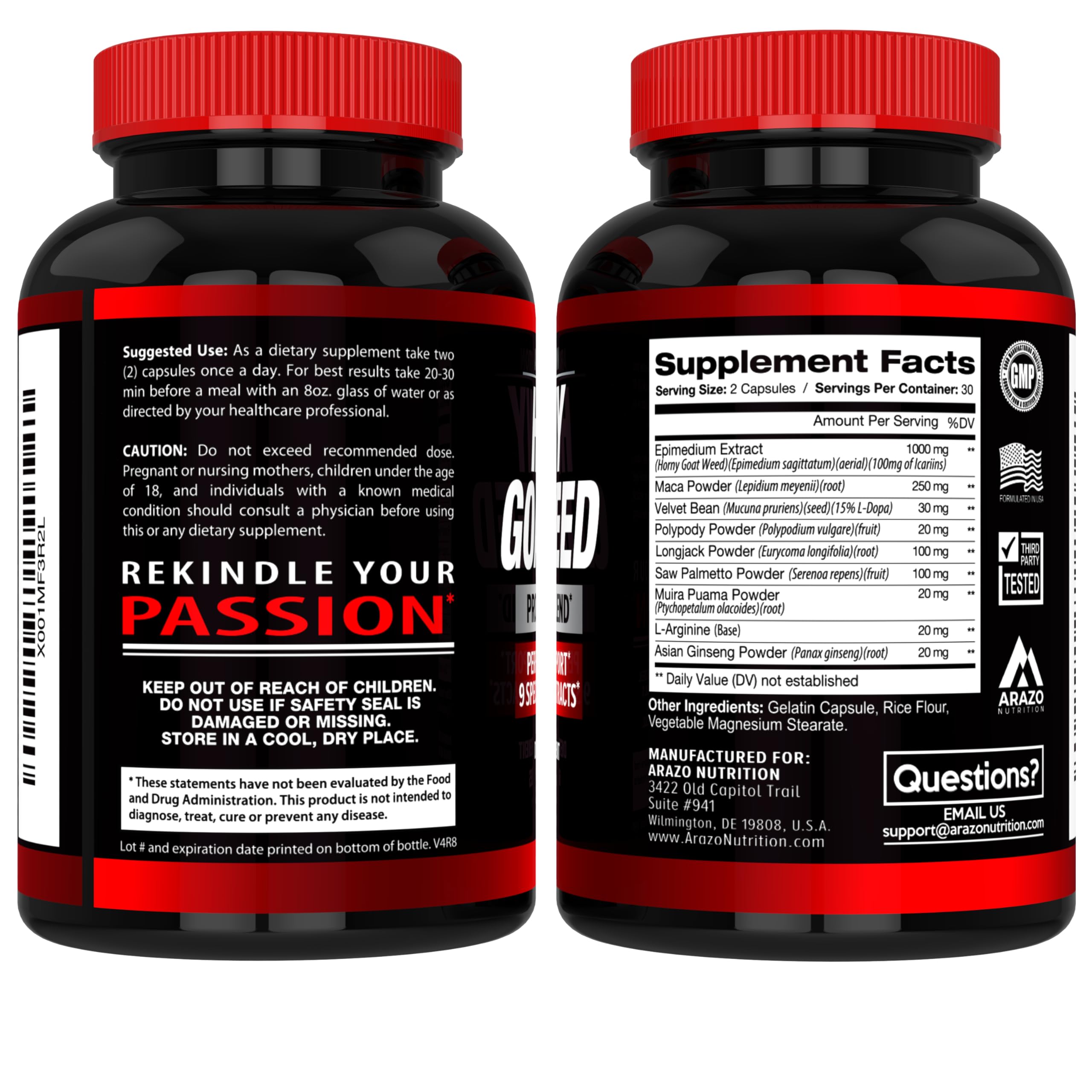 Side view of Arazo Nutrition Horny Goat Weed capsules in bottle