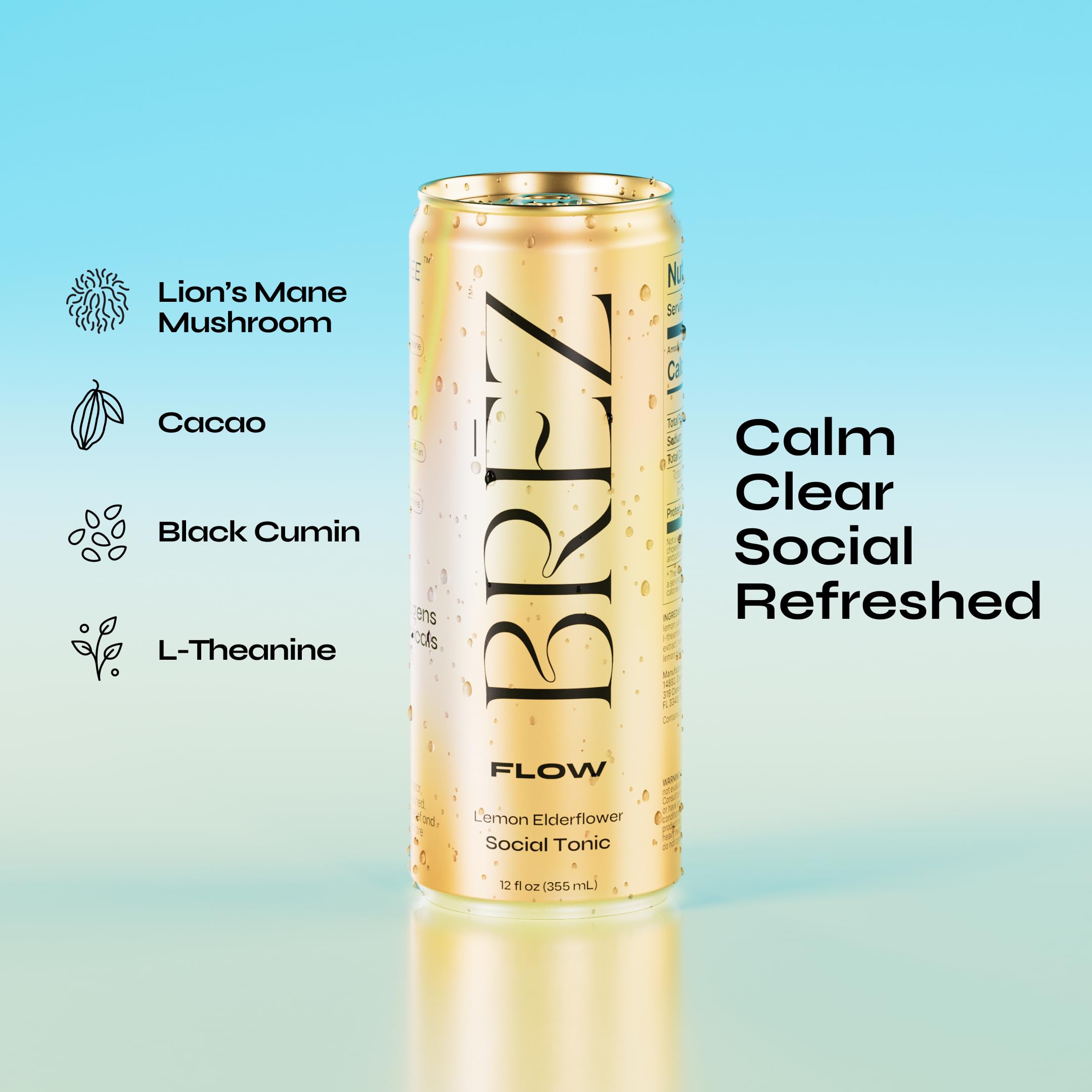 Side view of BREZ Flow Adaptogenic Drink can showcasing ingredients