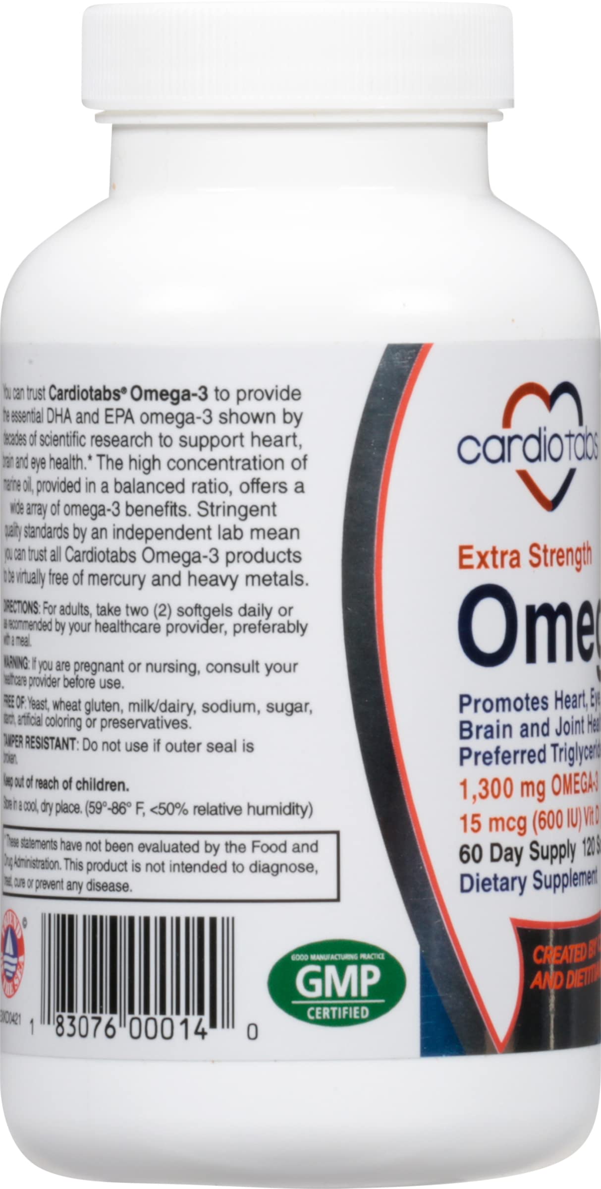 Side view of CardioTabs Omega-3 softgel bottle with label