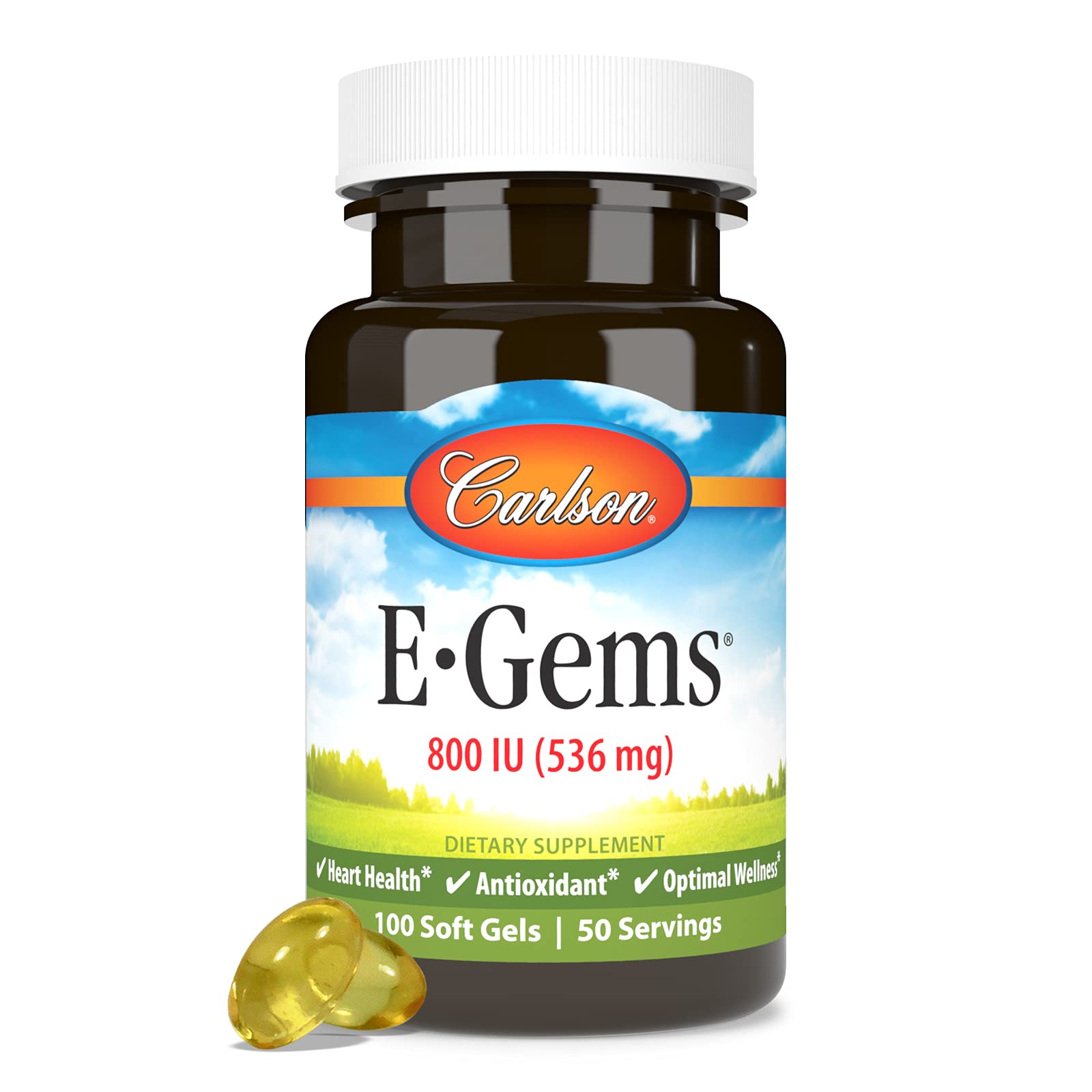 Side view of Carlson Vitamin E soft gel bottle