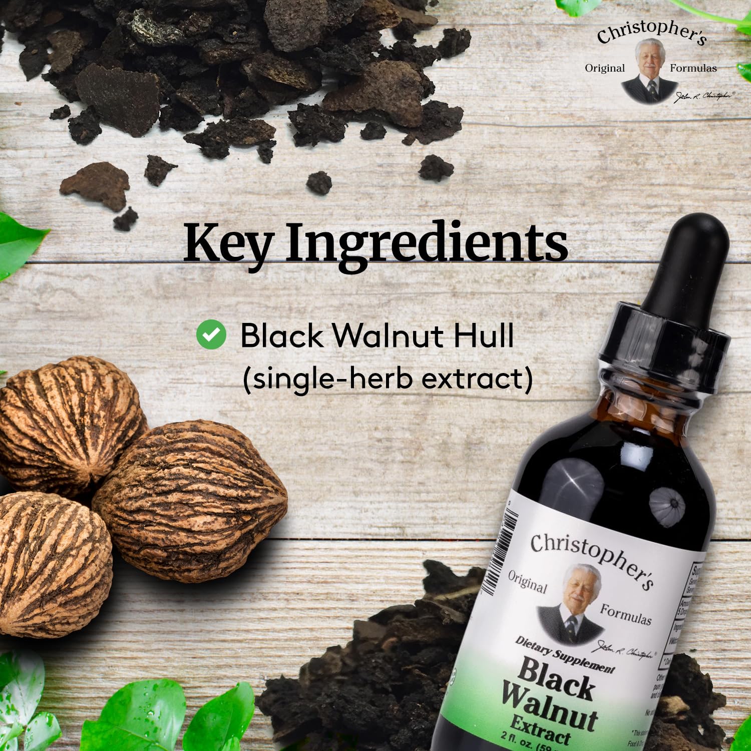Side view of Christopher's Black Walnut Extract 2 oz with label details