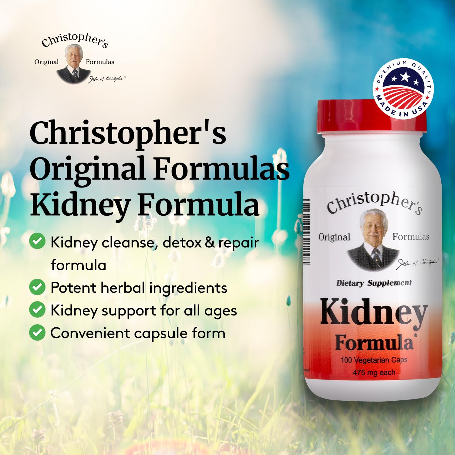 Side view of Christopher's Original Formulas Kidney Support Capsules bottle