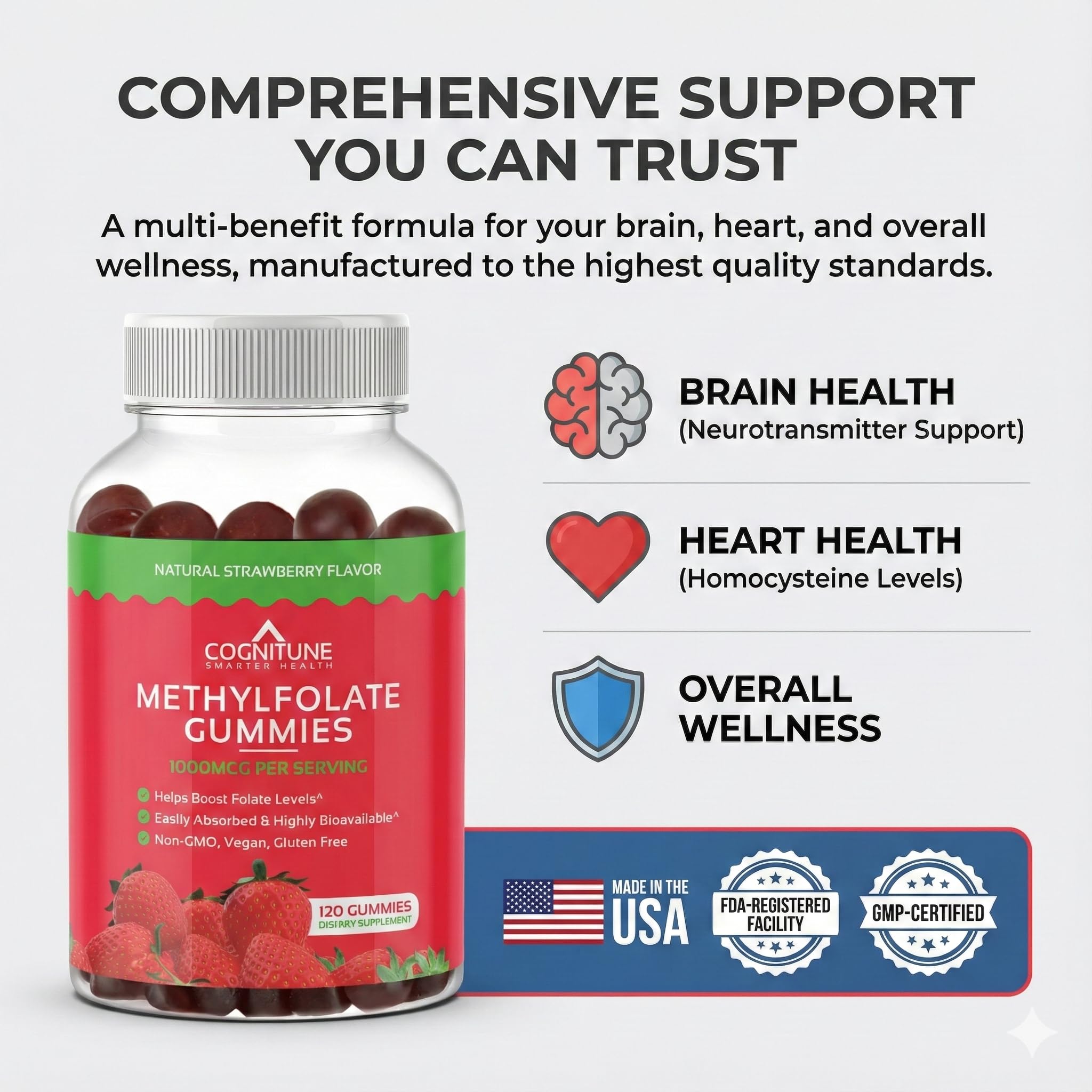Side view of CogniTune Methylfolate Gummies bottle