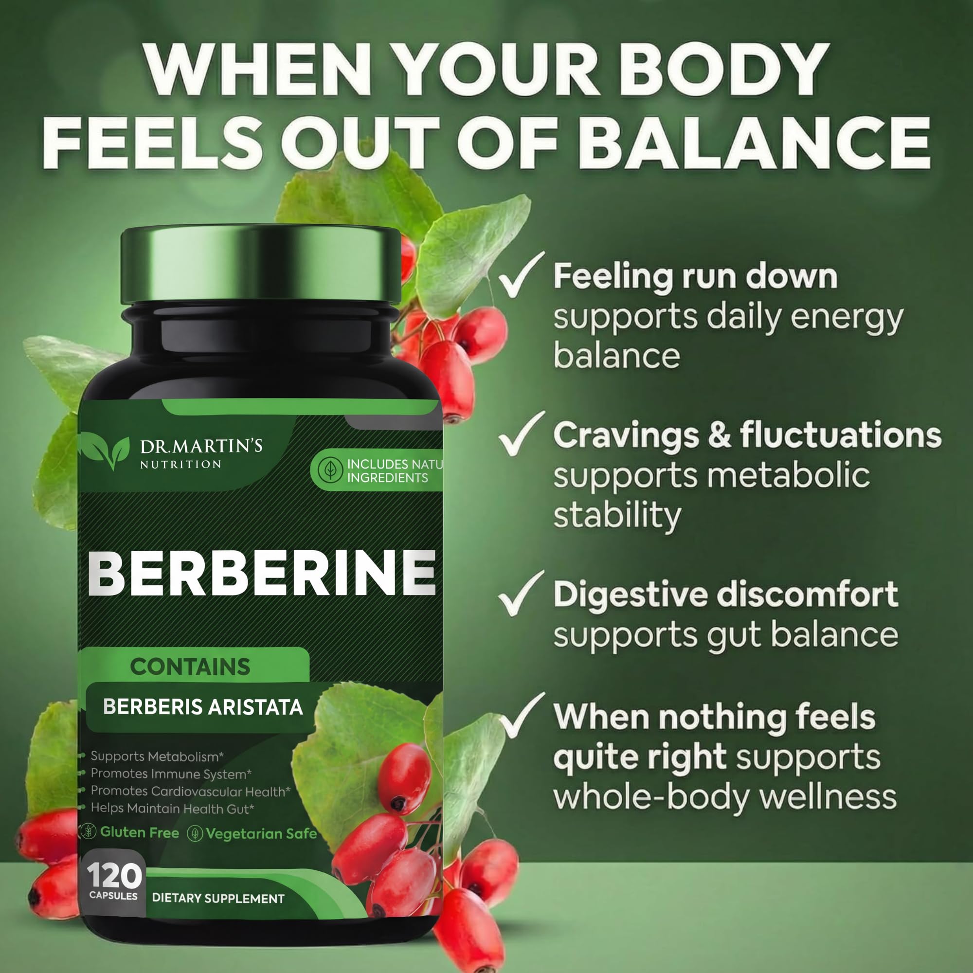 Side view of DR. MARTIN'S NUTRITION Berberine 1200mg Capsules bottle
