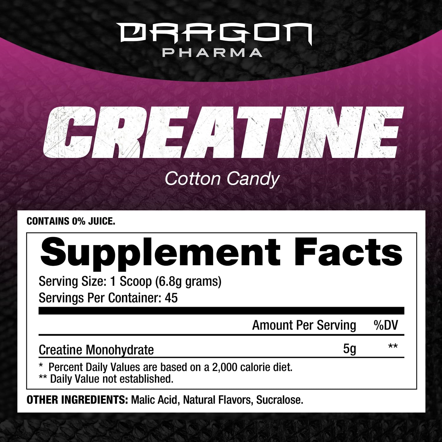Side view of DRAGON PHARMA Creatine Monohydrate 306g container