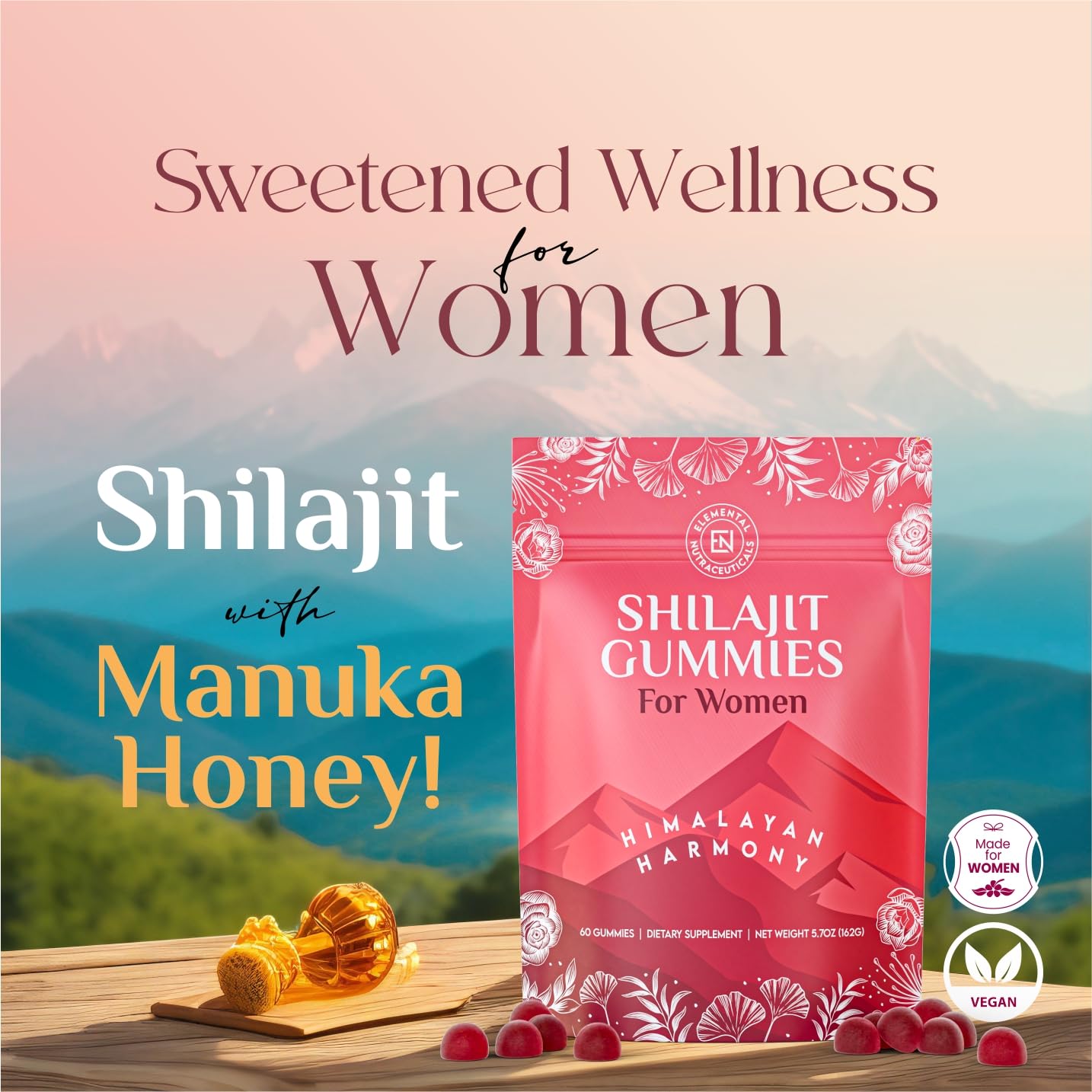 Side view of Elemental Nutraceuticals Shilajit Gummies with Manuka Honey