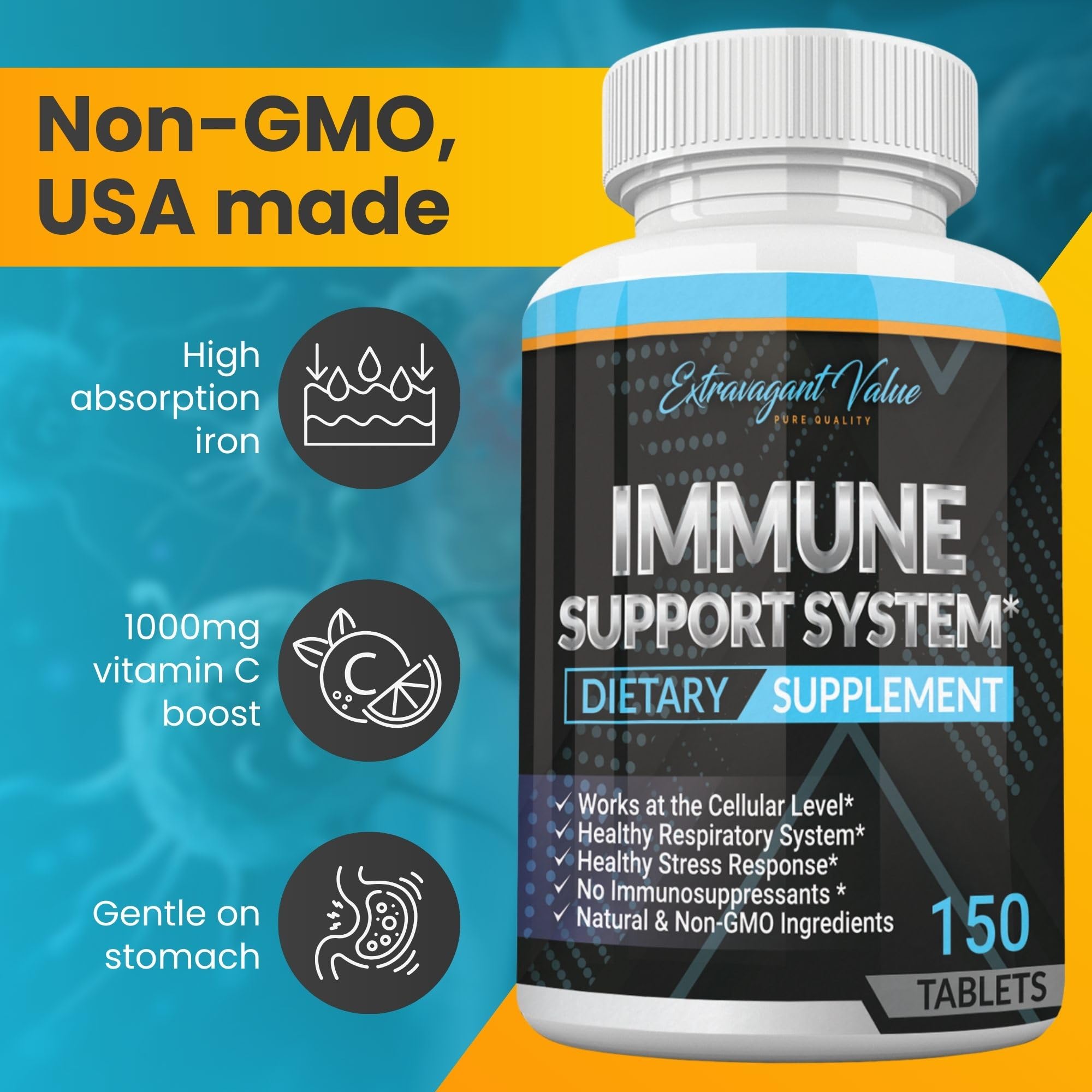 Side view of Extravagant Value Iron + Vitamin C 1000mg supplement bottle
