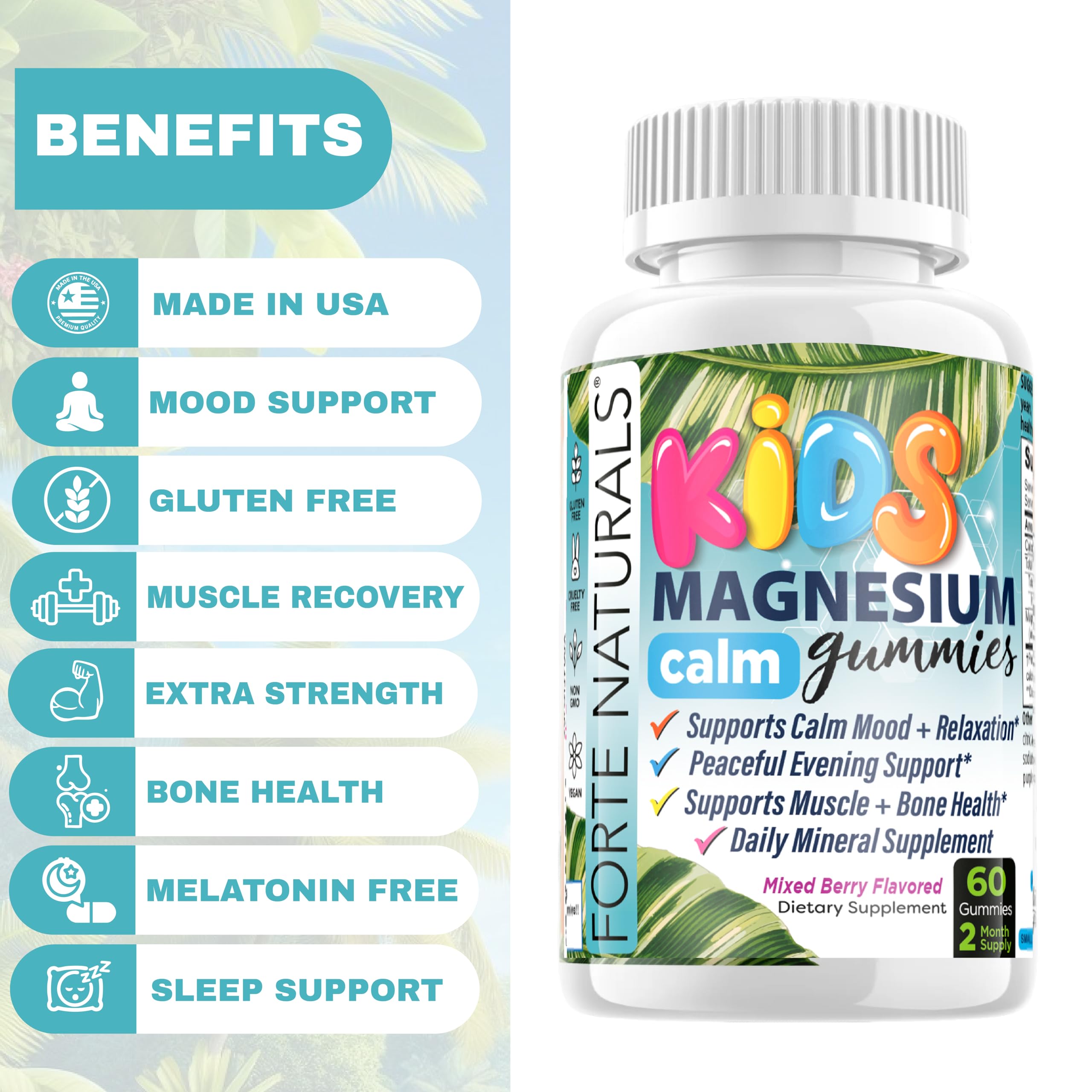 Side view of FORTE NATURALS Kids Magnesium Gummies bottle