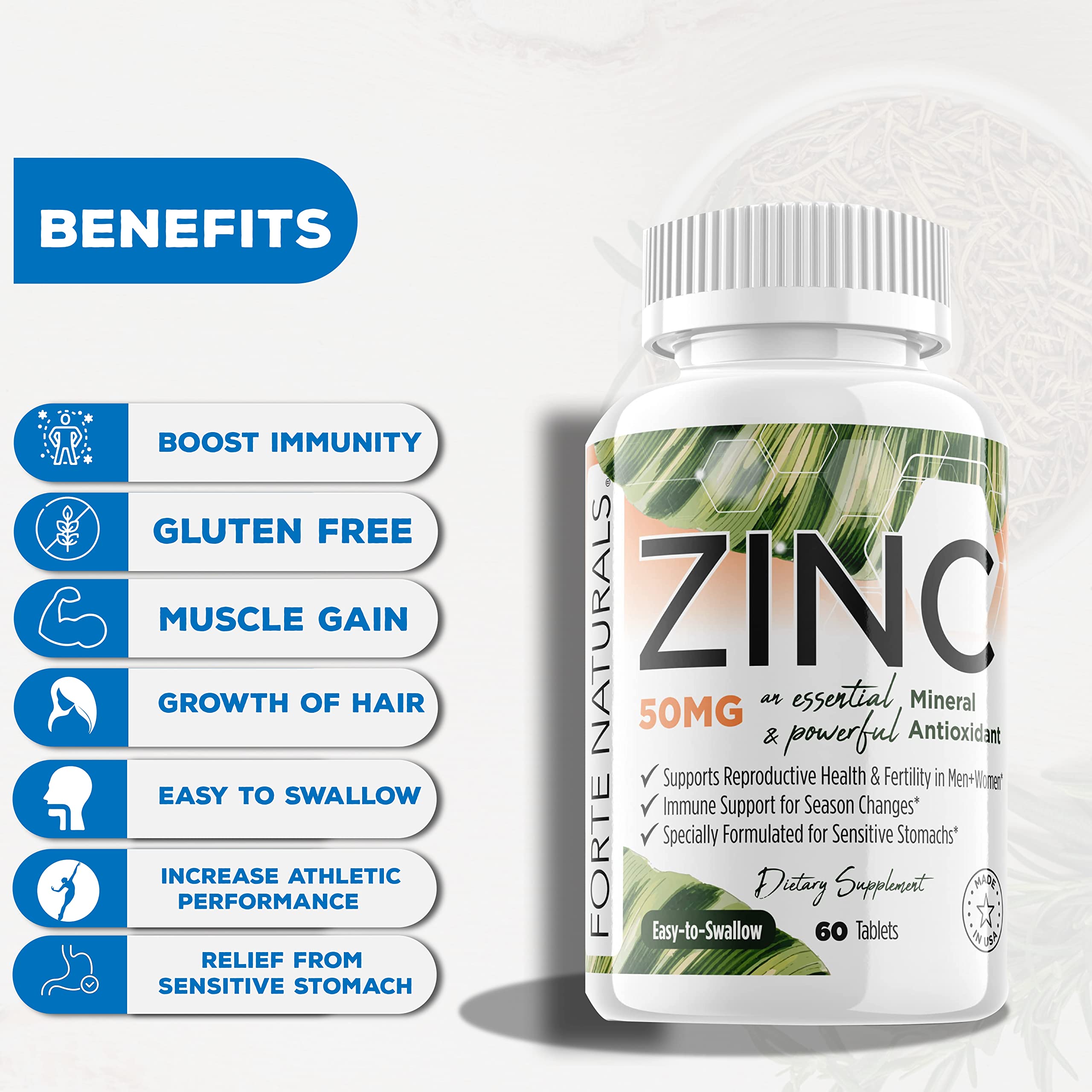 Side view of FORTE NATURALS Zinc 50mg Tablets
