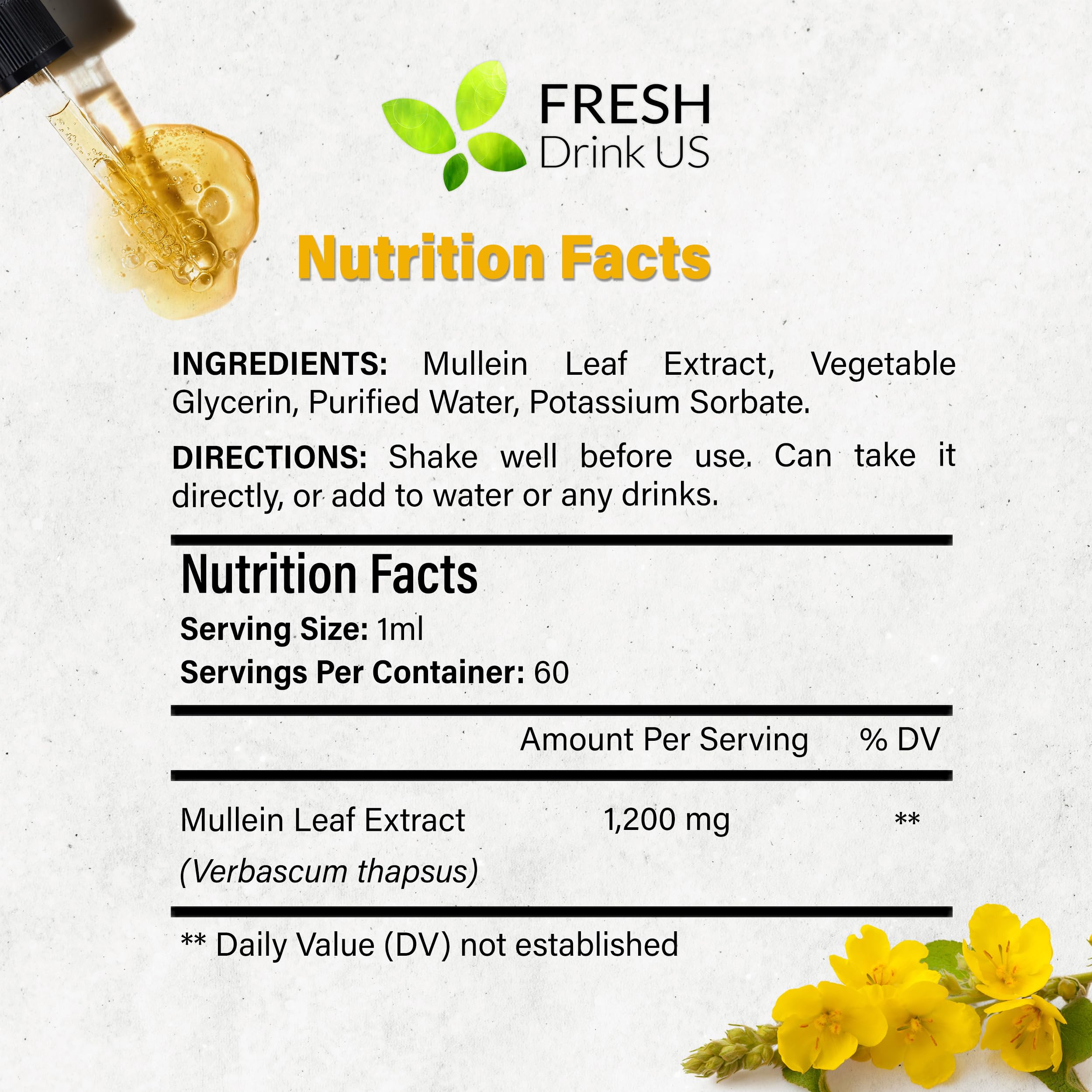 Side view of FRESHDRINKUS Mullein Extract Liquid 1200mg bottle