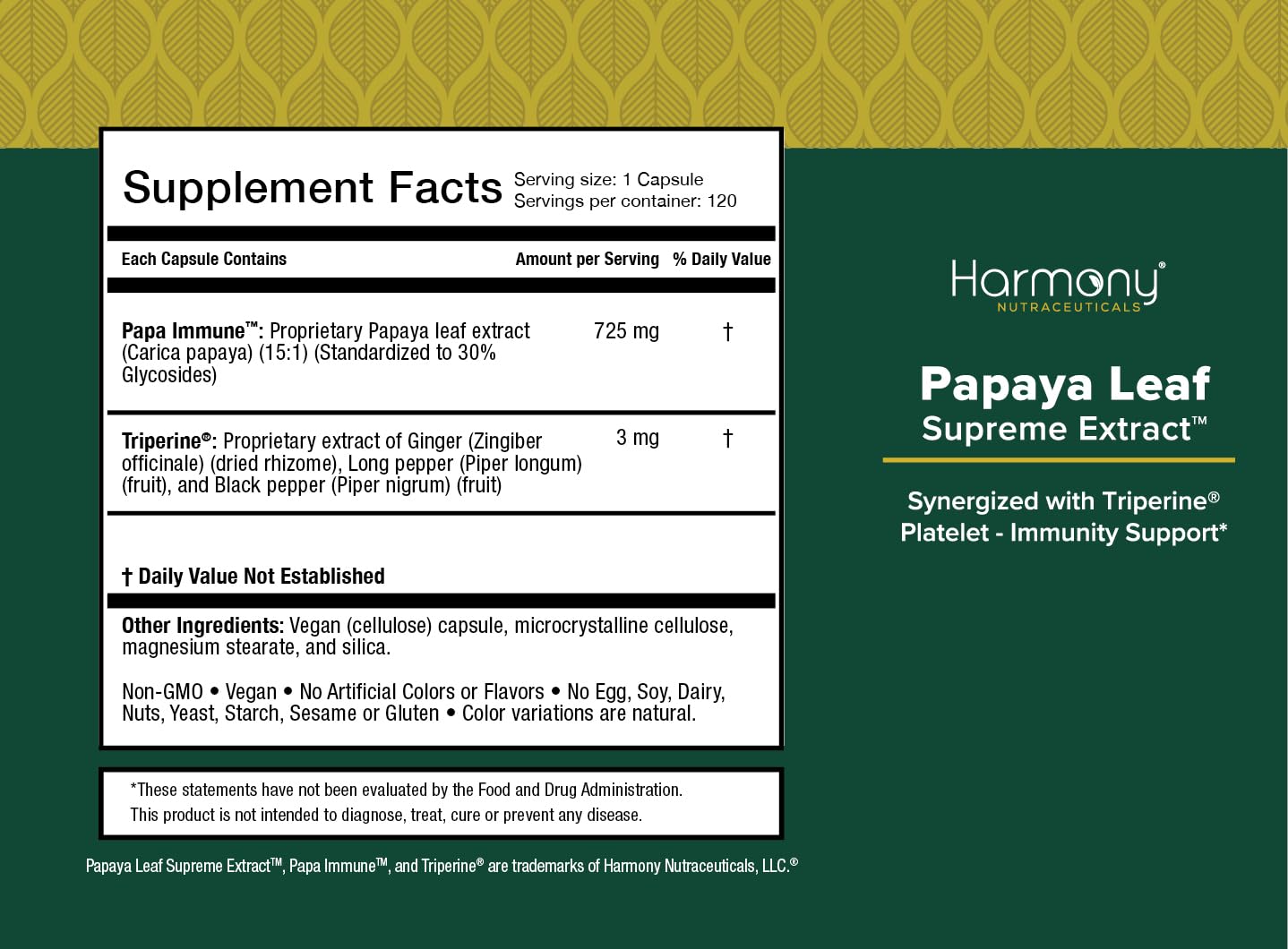 Side view of Harmony Nutraceuticals Papaya Leaf Extract bottle