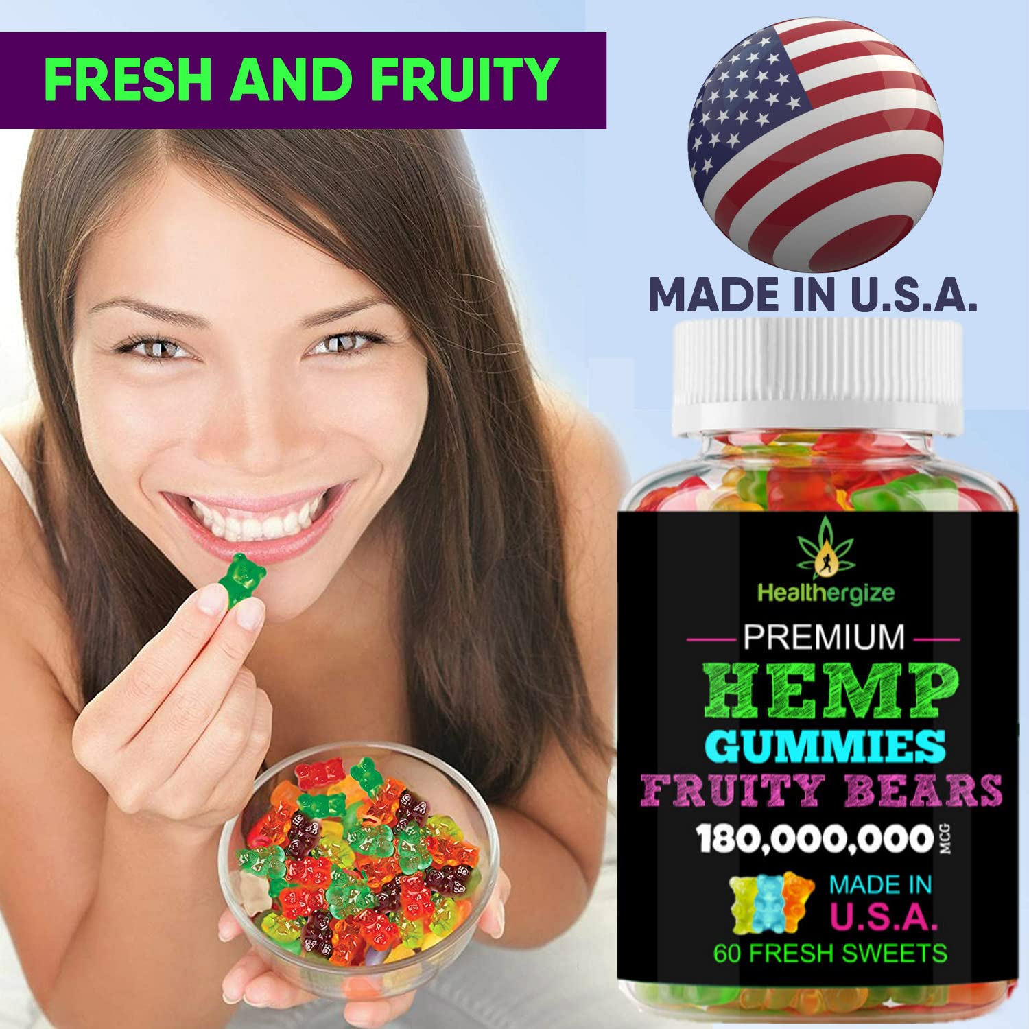Side view of Healthergize Hemp Gummies bottle