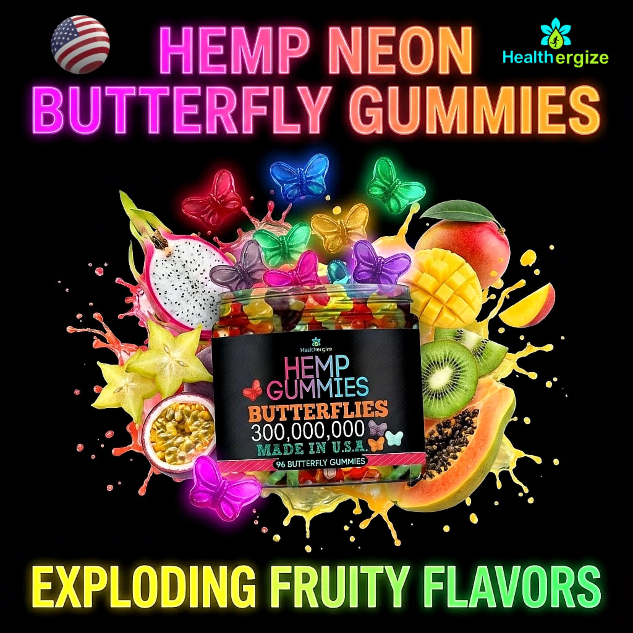 Side view of Healthergize Hemp Gummies bottle with ingredients listed