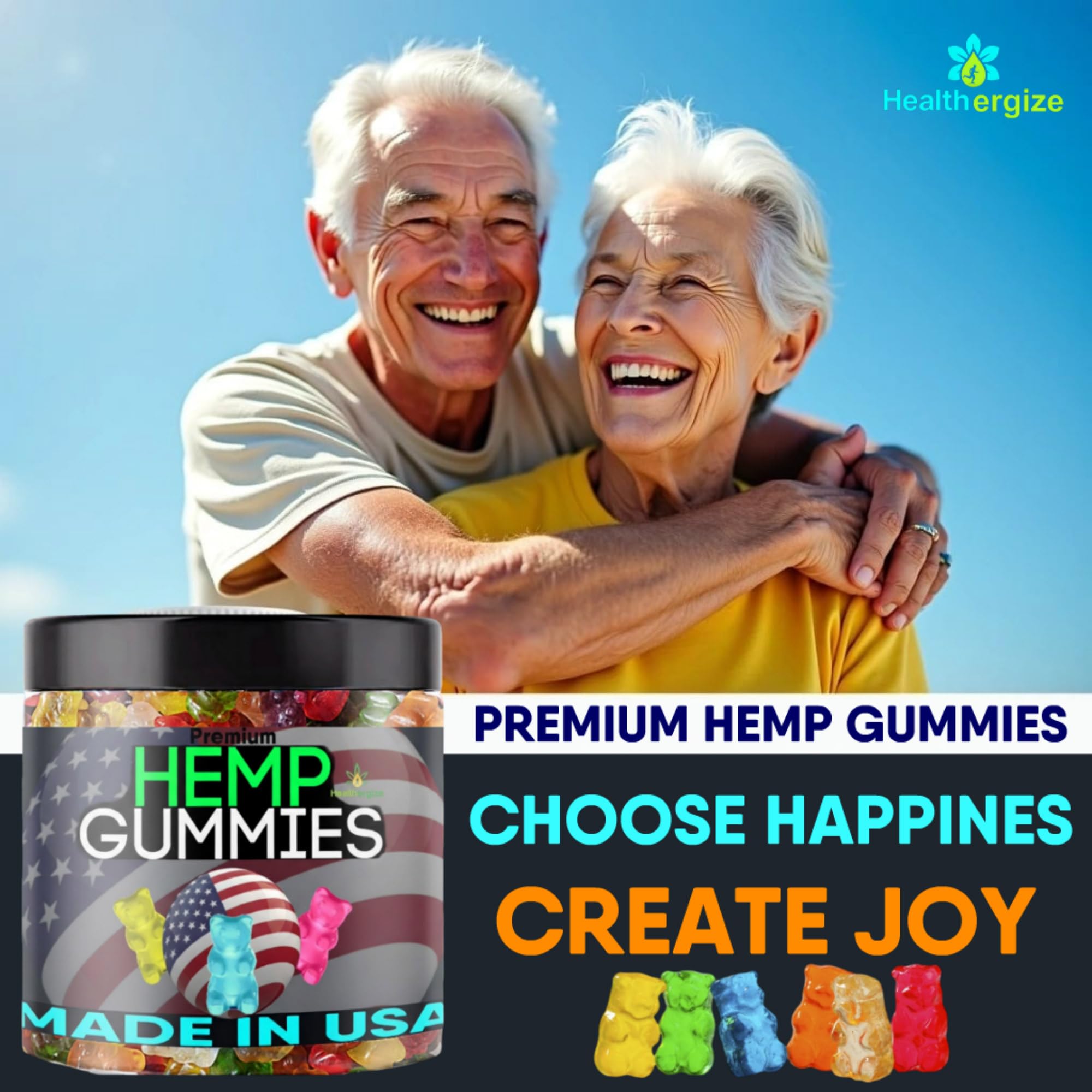 Side view of Healthergize Hemp Oil Gummies jar with tamper-proof seal