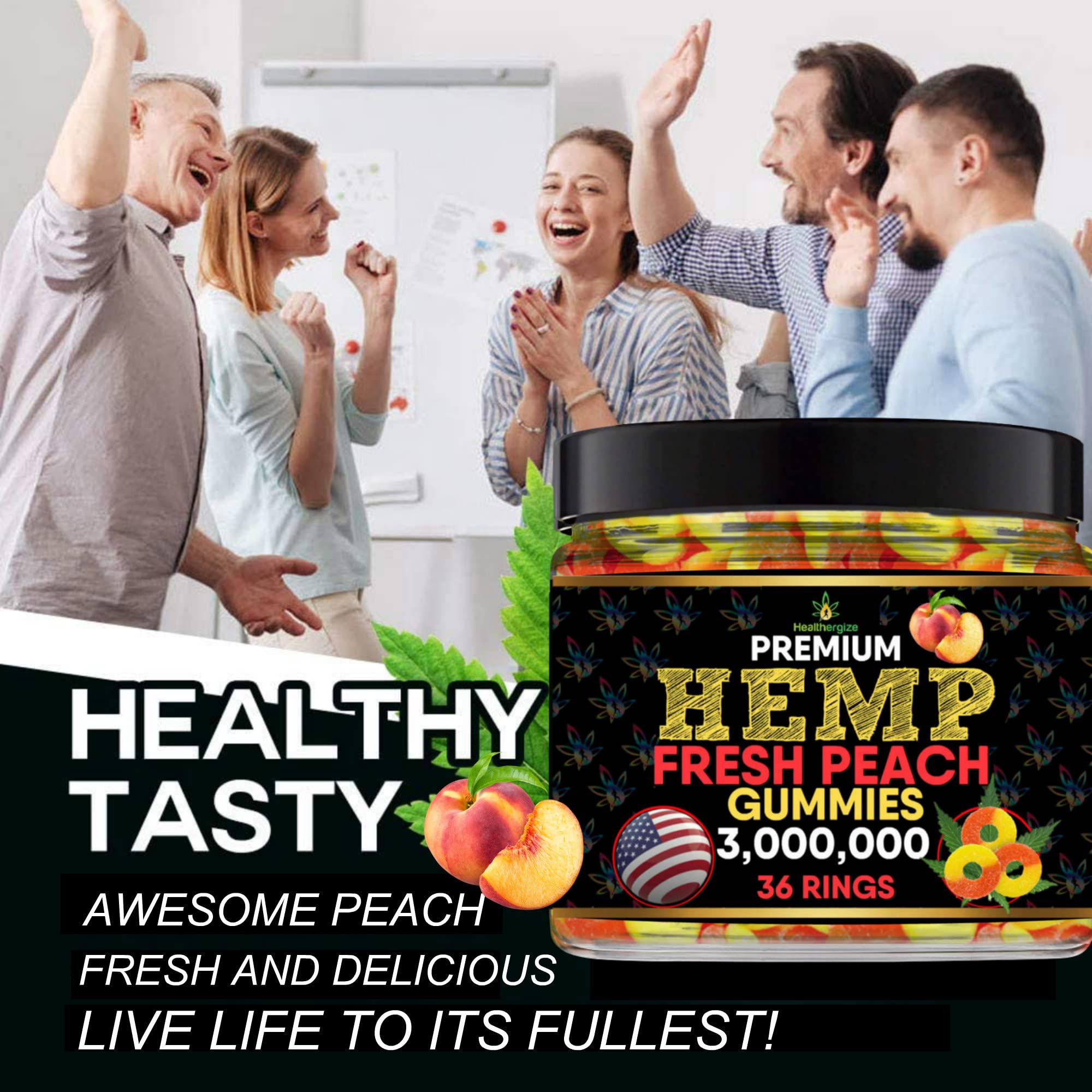 Side view of Healthergize Peach Hemp Gummies packaging
