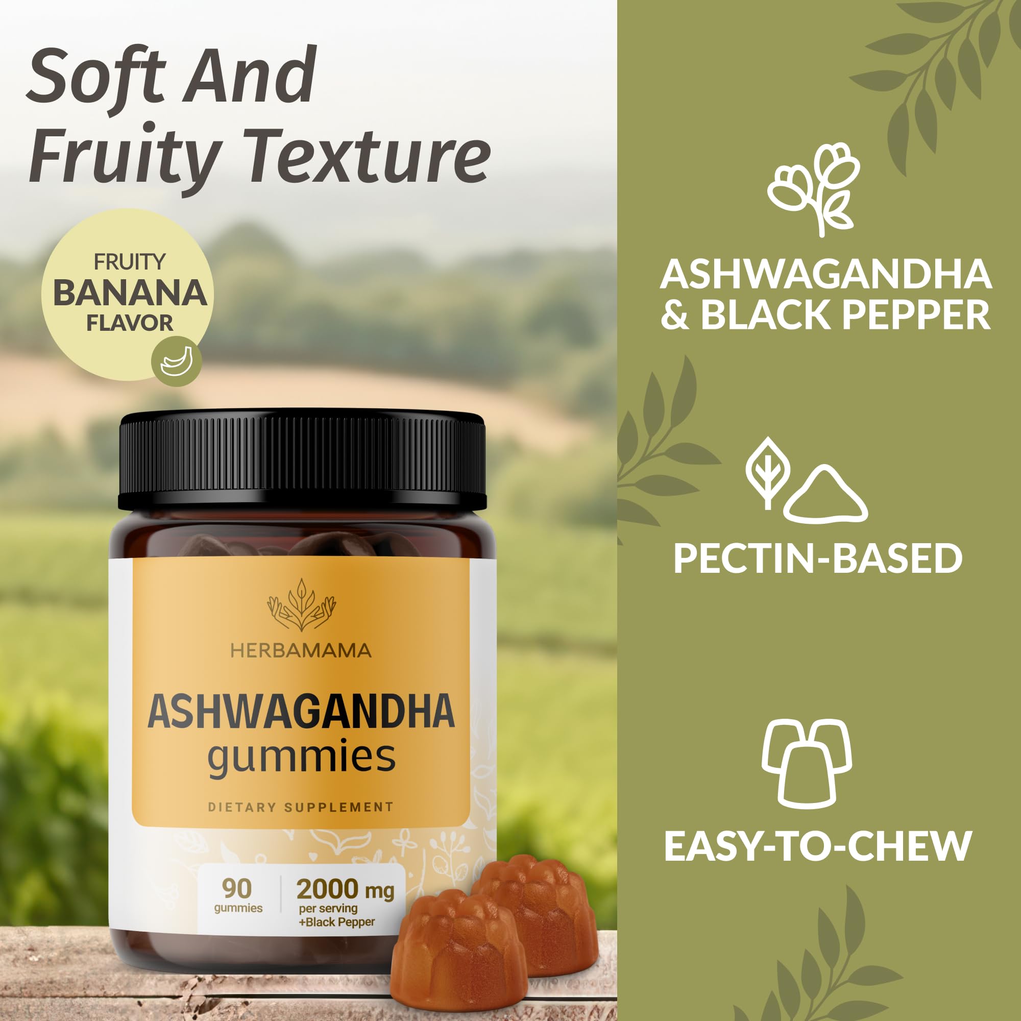 Side view of HERBAMAMA Ashwagandha gummies packaging