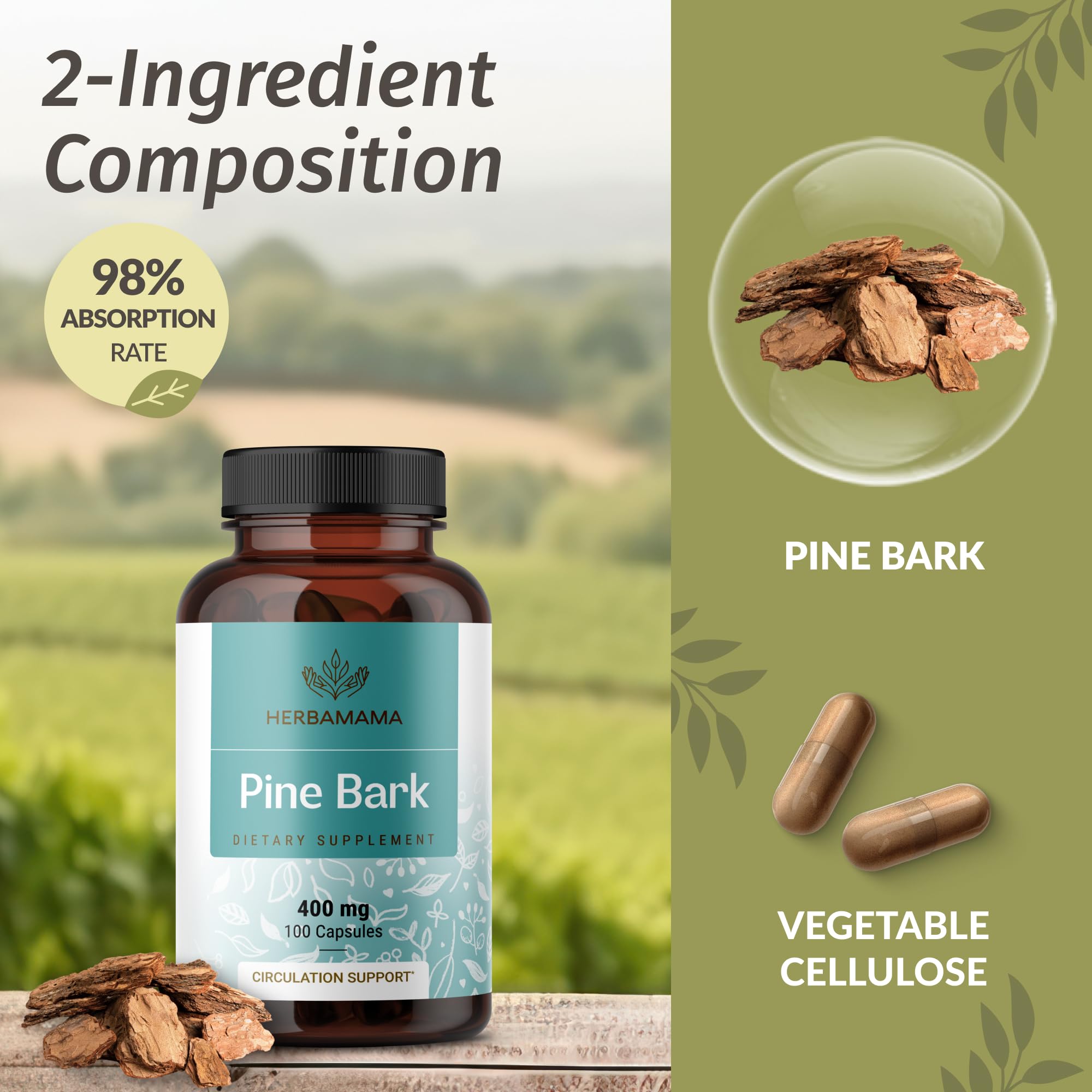 Side view of HERBAMAMA Pine Bark Extract Capsules bottle