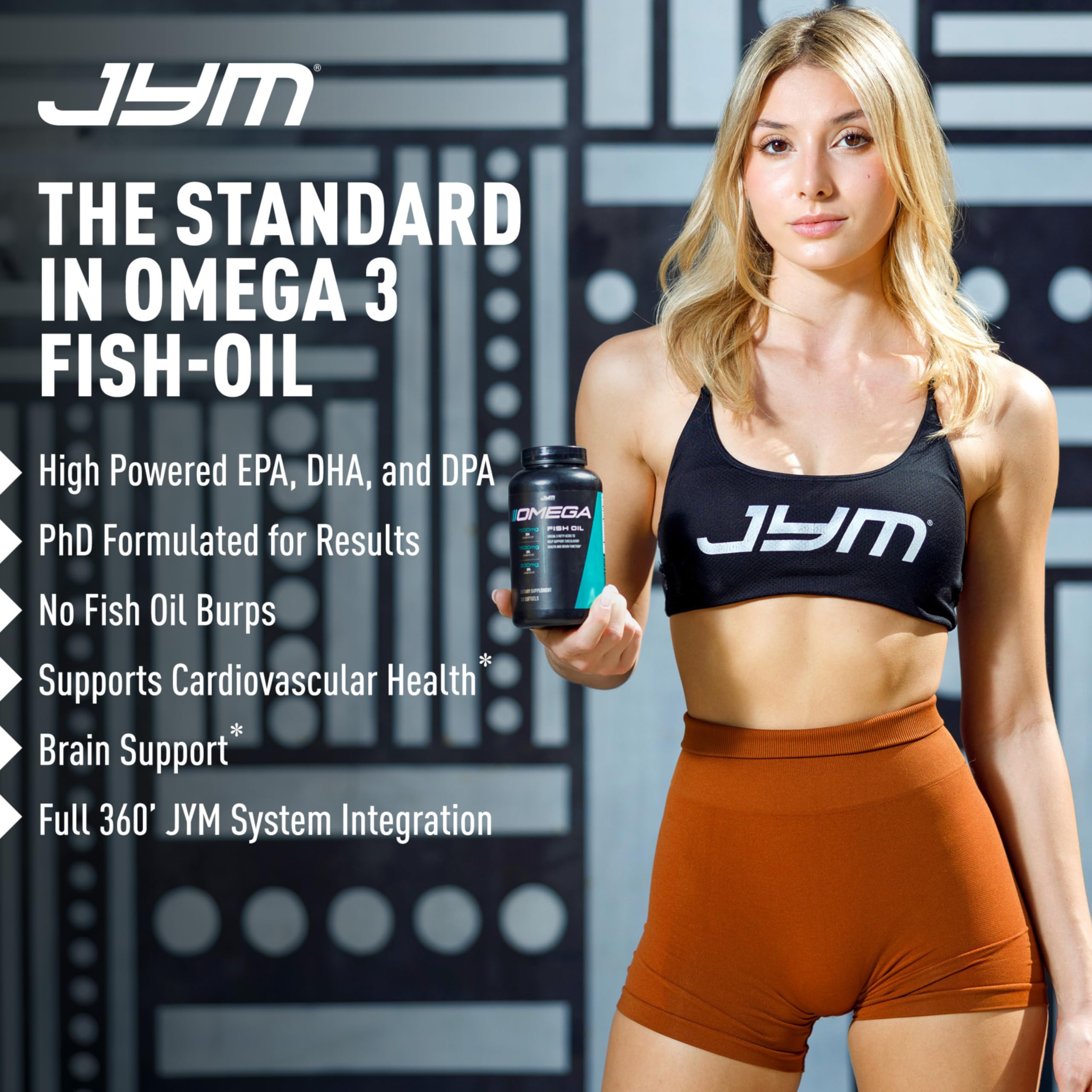 Side view of JYM Omega JYM Fish Oil Capsules bottle