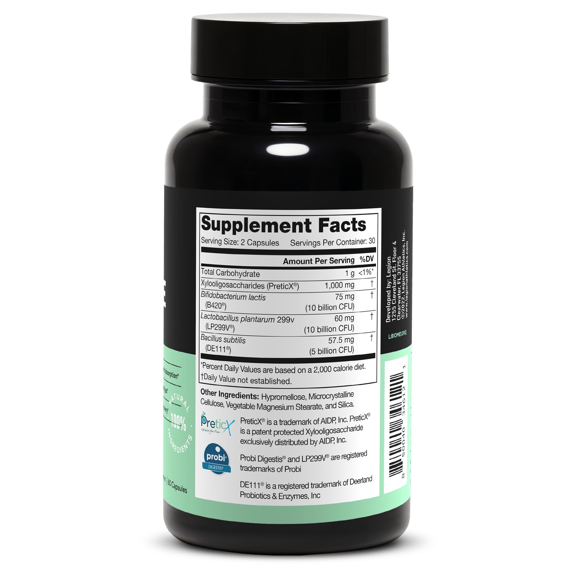 Side view of LEGION Biome Probiotic Supplement bottle
