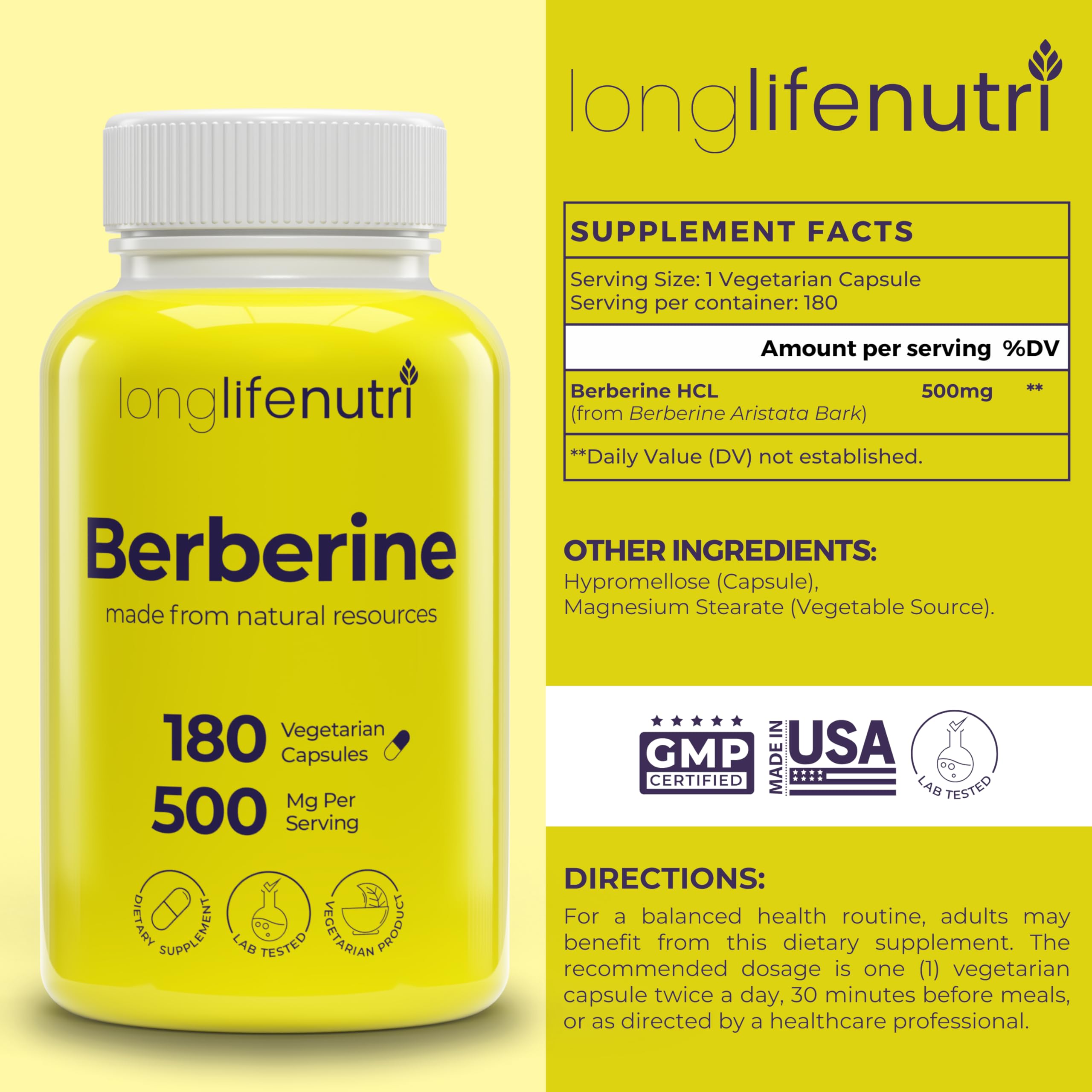 Side view of LongLifeNutri Berberine HCL 500mg Capsules bottle