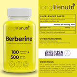 Side view of LongLifeNutri Berberine HCL 500mg Capsules bottle