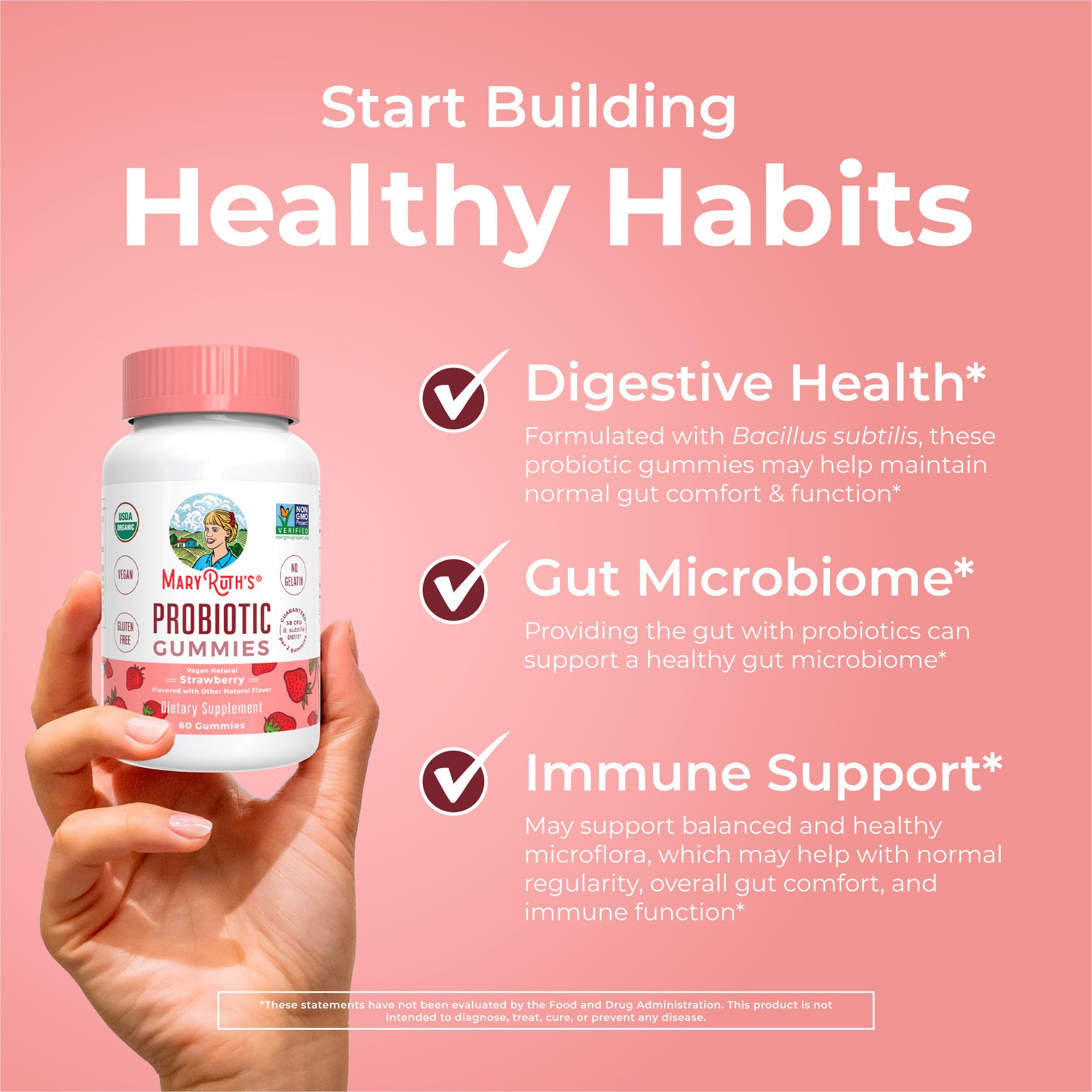 Side view of MARYRUTH'S Organic Probiotic Gummies bottle