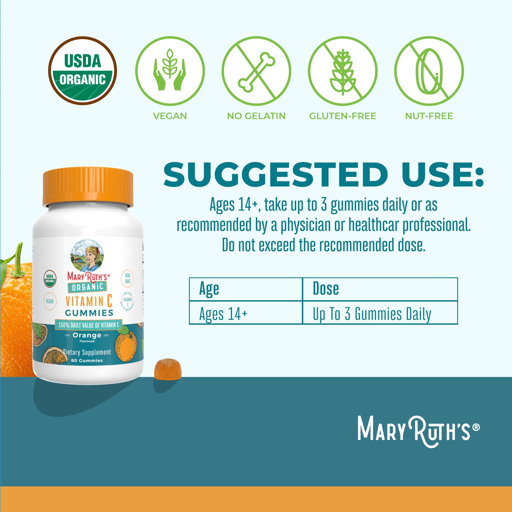 Side view of MARYRUTH'S Organic Vitamin C Gummies bottle