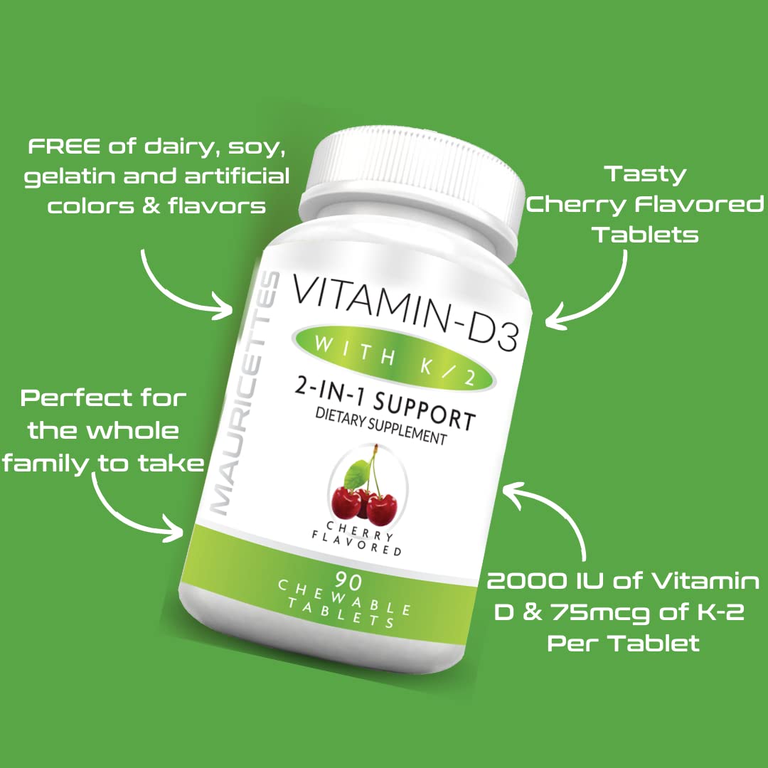 Side view of Mauricettes Vitamin D3 & K2 chewable tablets bottle