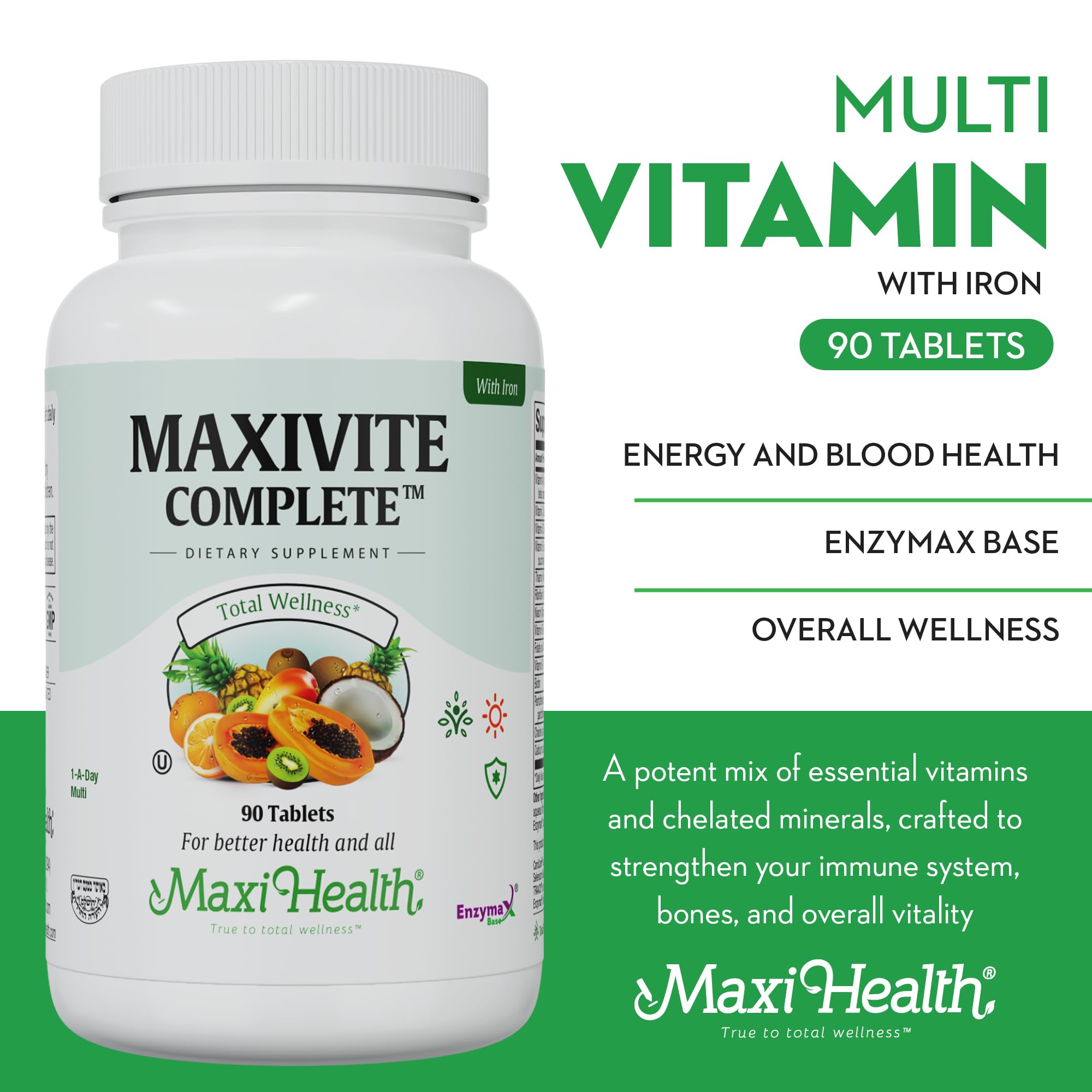 Side view of Maxi Health Maxivite Complete Multivitamin bottle