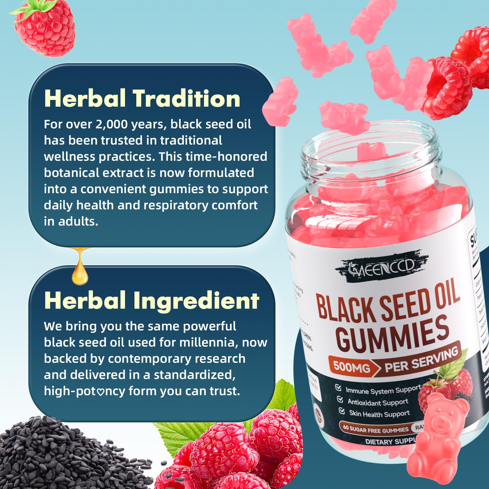 Side view of MEENCCD Black Seed Oil Gummies bottle