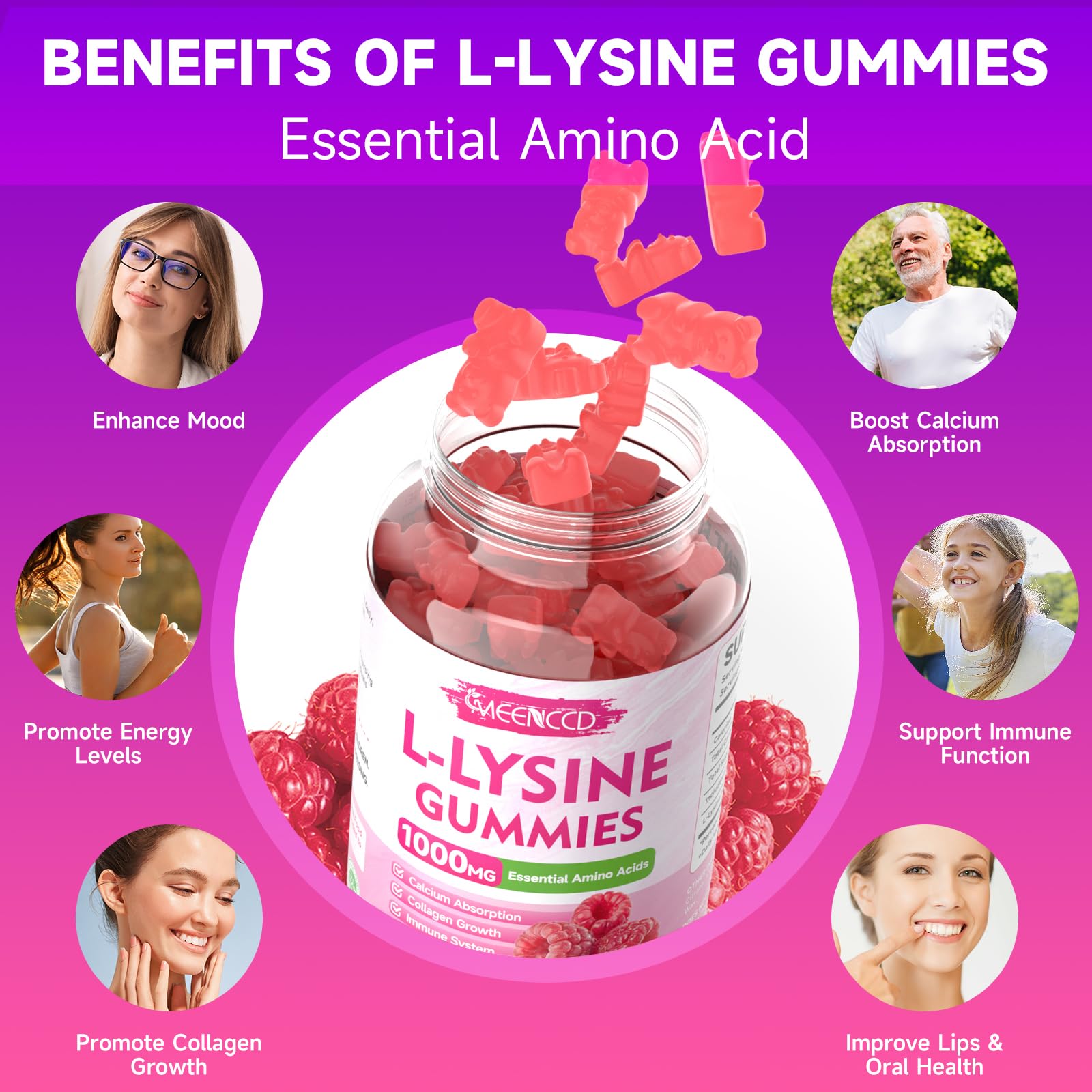 Side view of MEENCCD L-Lysine 1000mg gummies bottle