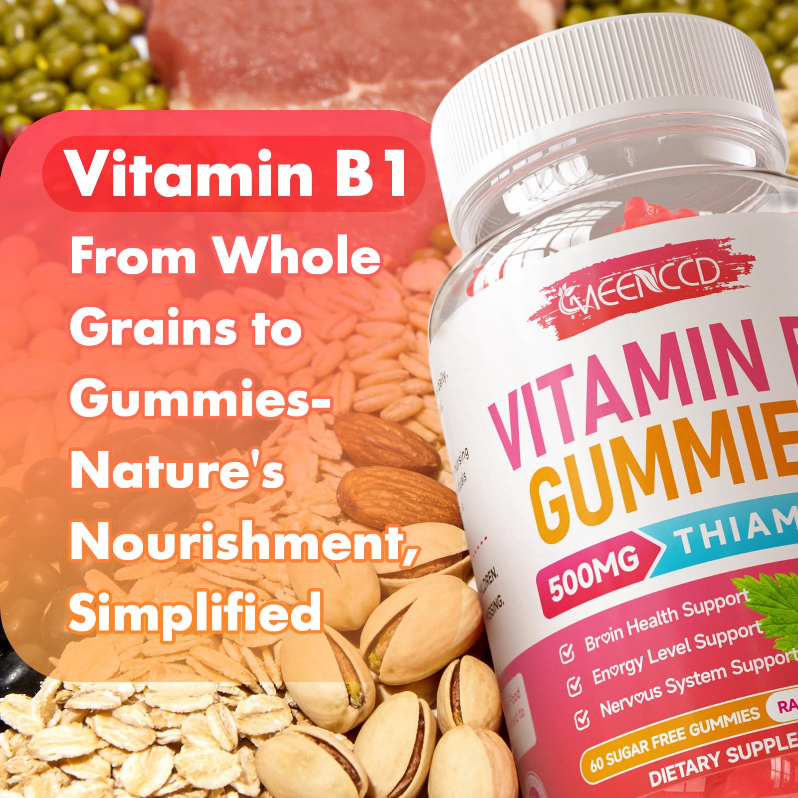 Side view of MEENCCD Vitamin B1 Gummies bottle