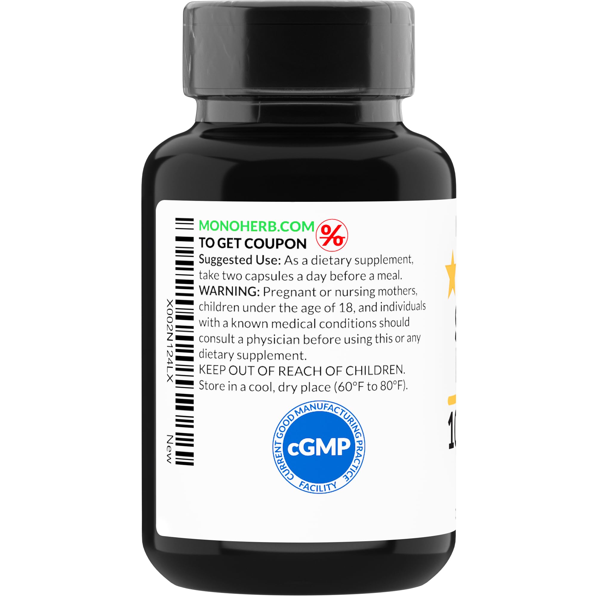 Side view of MONOHERB Shilajit Capsules bottle on a wooden surface