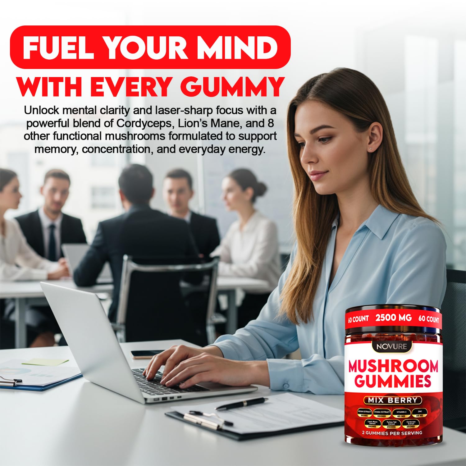 Side view of Novure Mushroom Complex Gummies bottle