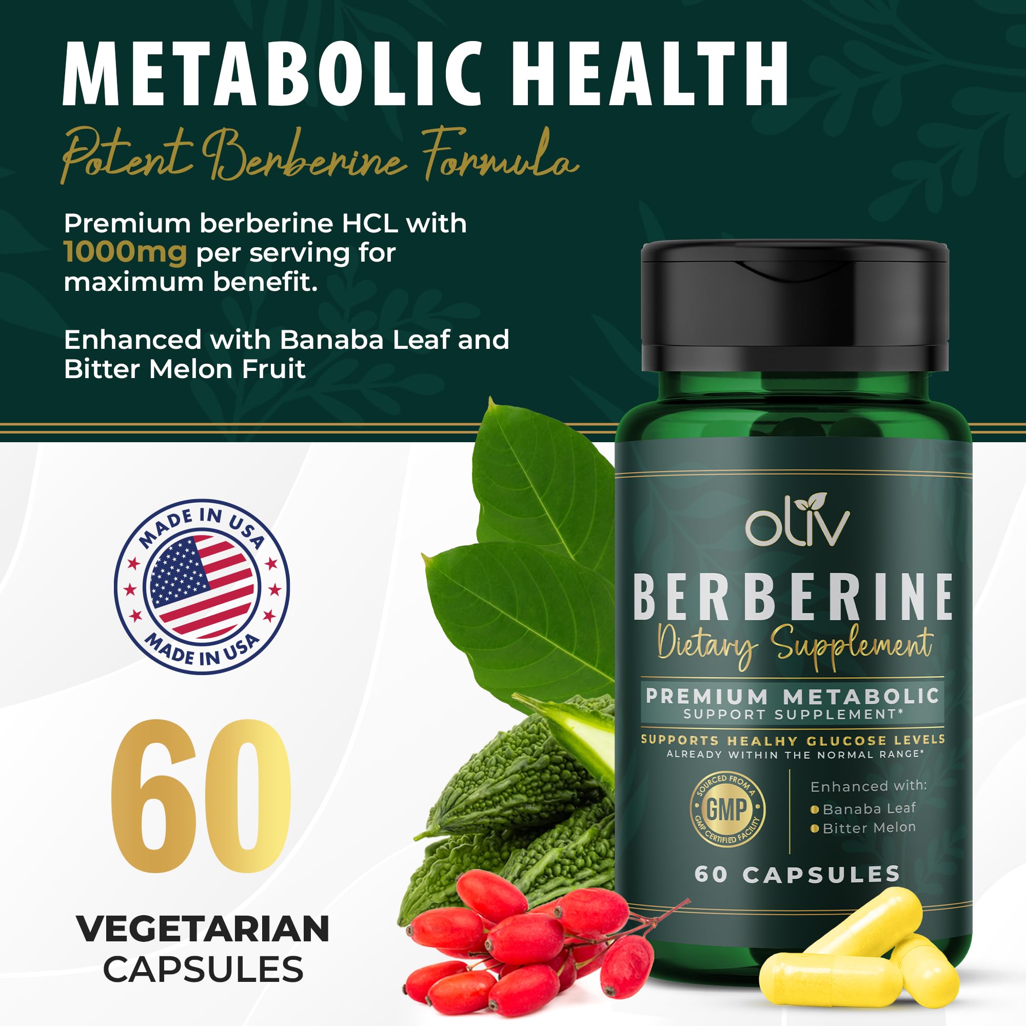 Side view of oliv Berberine Supplement bottle with nutritional information