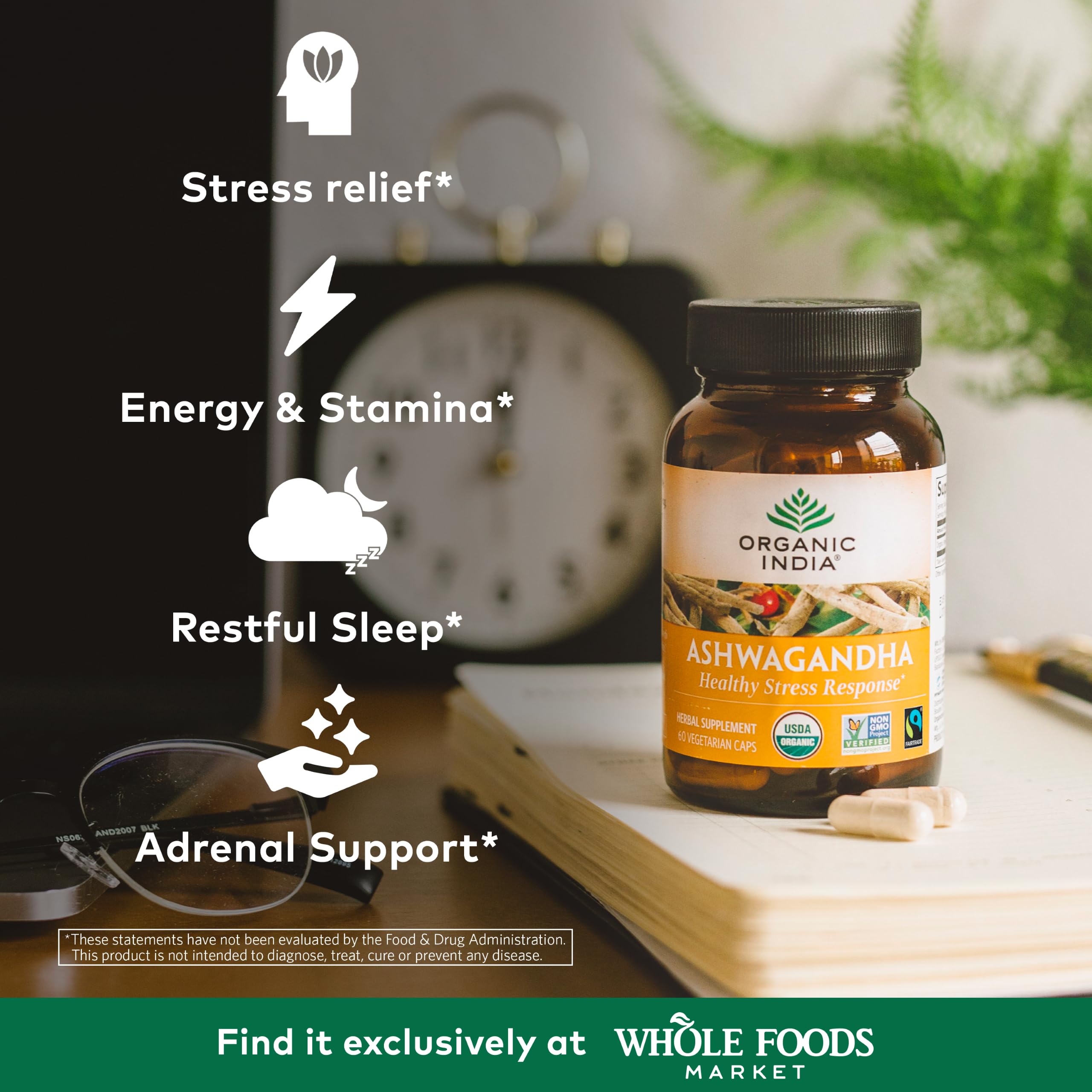 Side view of ORGANIC INDIA Ashwagandha Capsules showing label