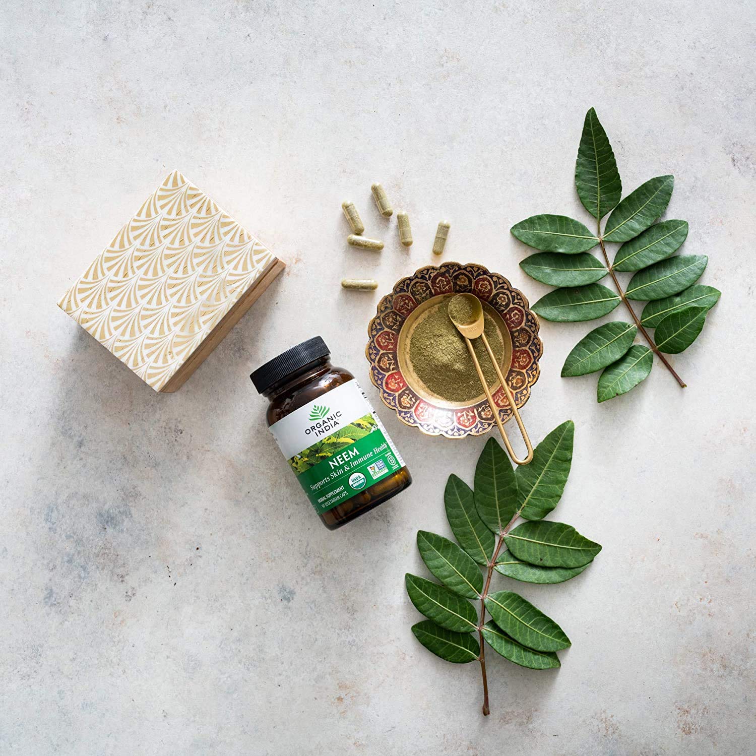 Side view of ORGANIC INDIA Neem Capsules bottle
