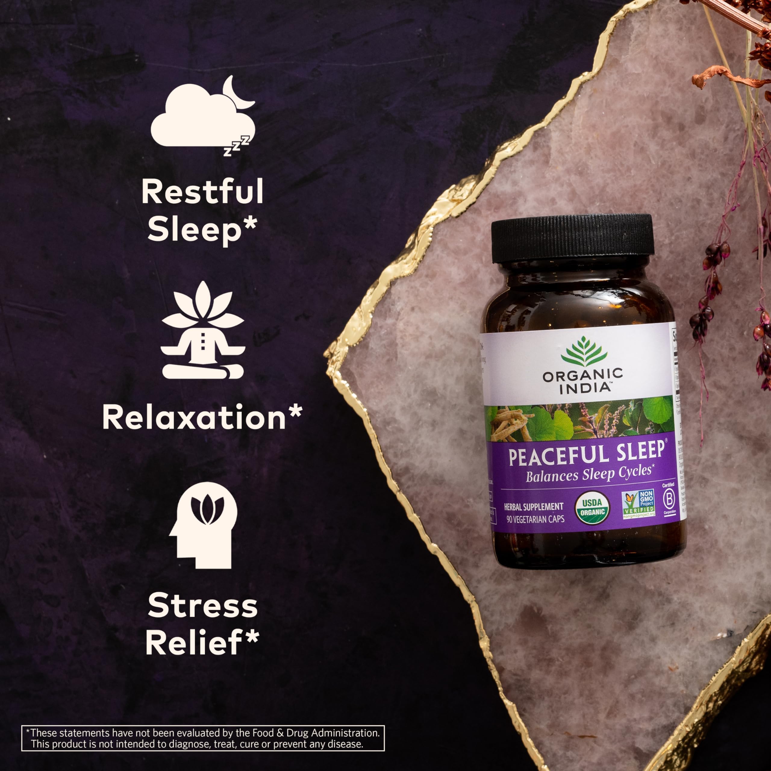 Side view of ORGANIC INDIA Peaceful Sleep Herbal Supplement bottle